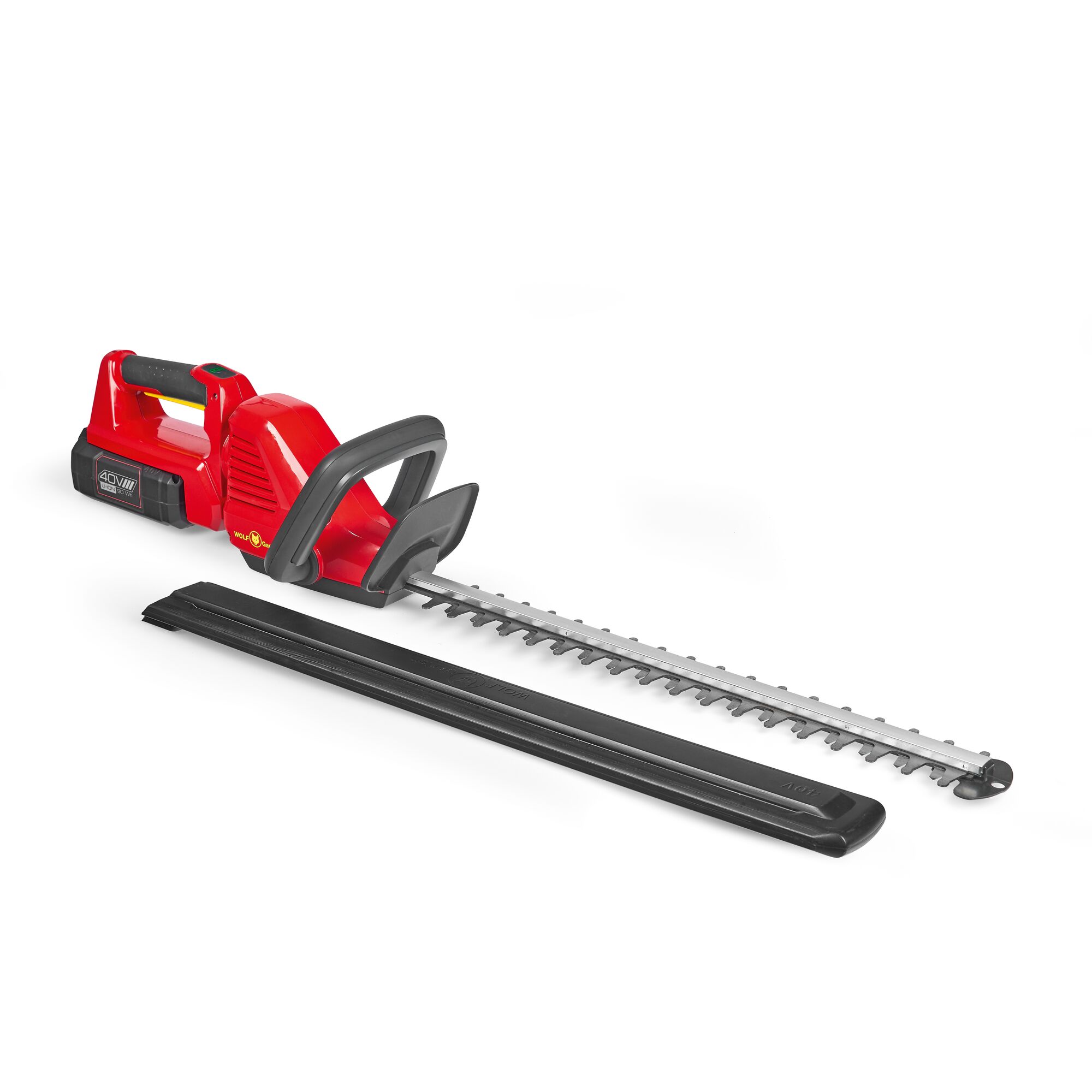 A red and black cordless hedge trimmer with a long cutting blade and protective cover, displayed on a white background.