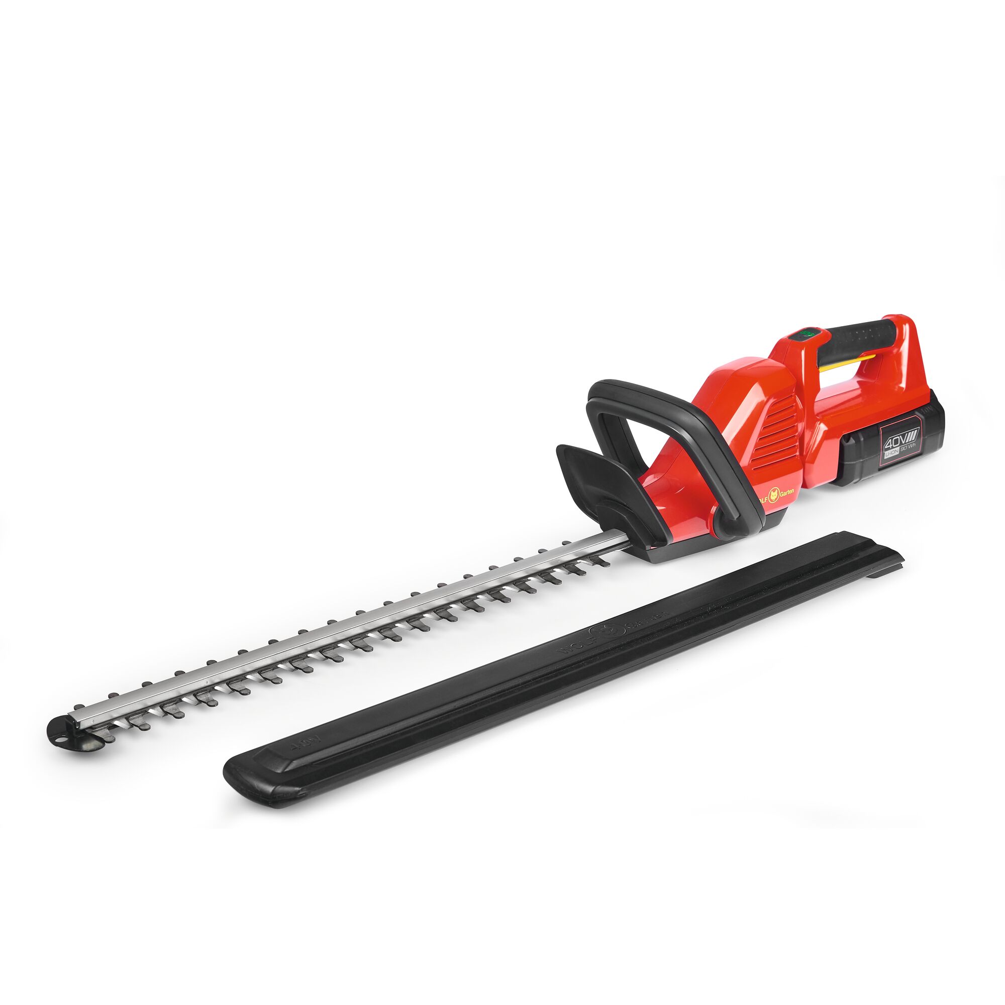 A red cordless hedge trimmer with a black handle and blade cover, shown on a white background.
