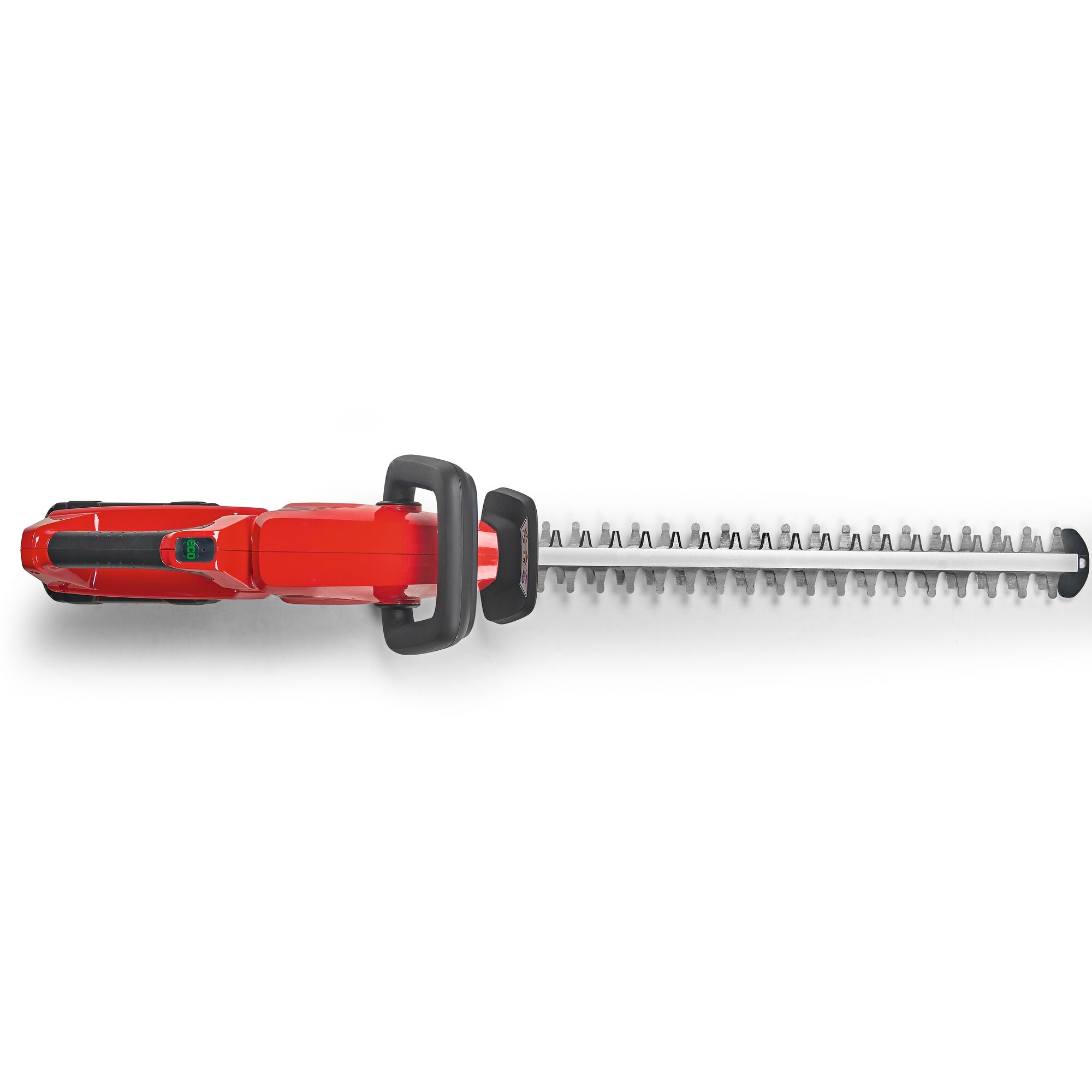 Top view of a red and black electric hedge trimmer with a long blade and ergonomic handle.