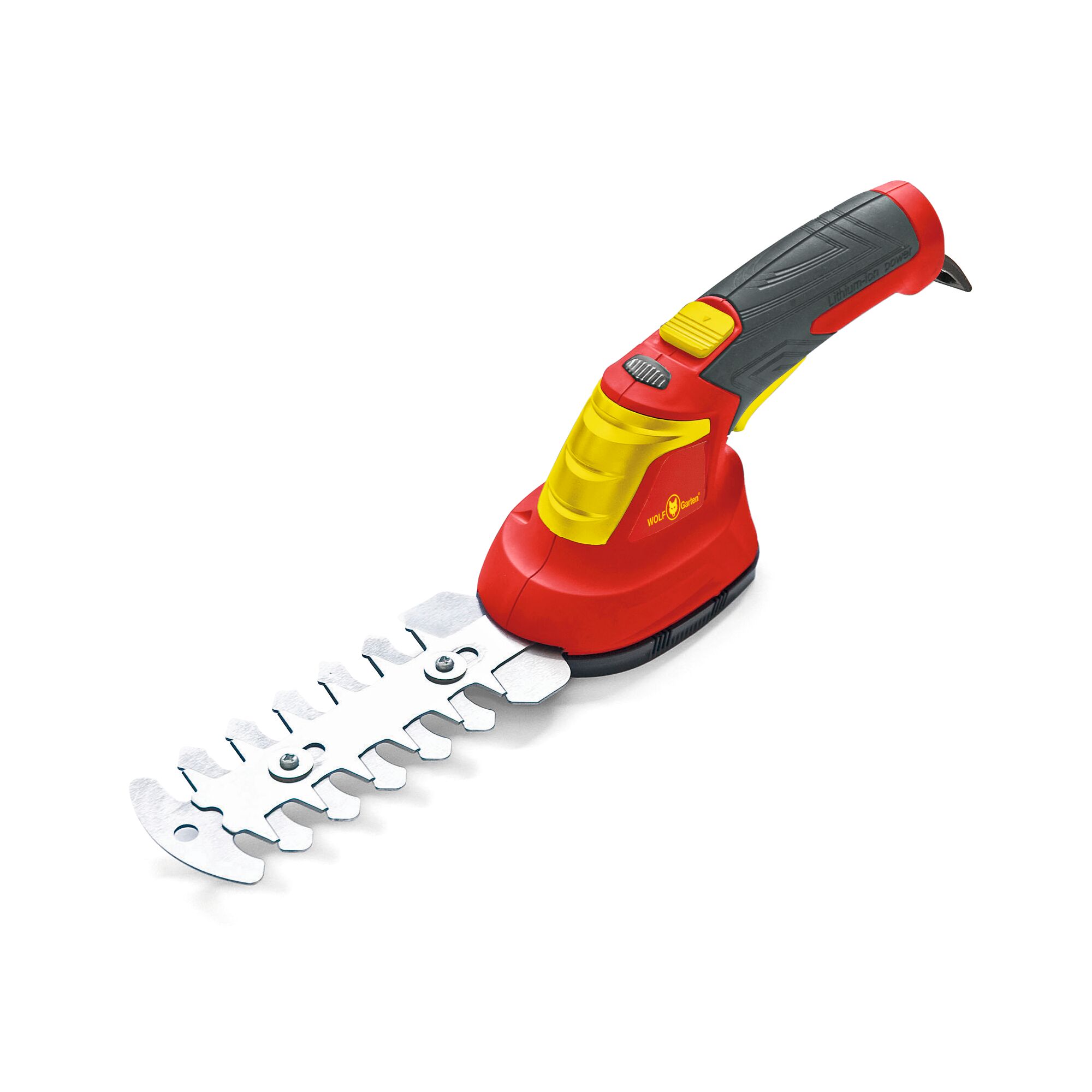 A WOLFGarten cordless shrub and grass shear tool with a red, yellow, and black ergonomic handle and stainless steel blades, shown against a white background.