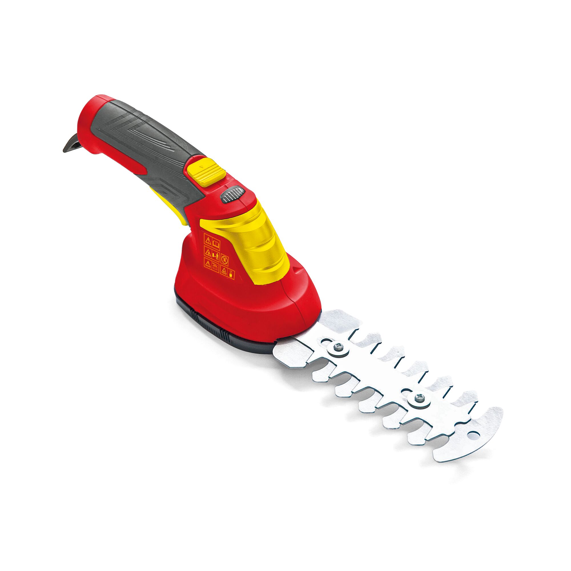 A WOLFGarten cordless handheld grass and shrub shear with a red and yellow handle and a silver blade, designed for garden trimming.