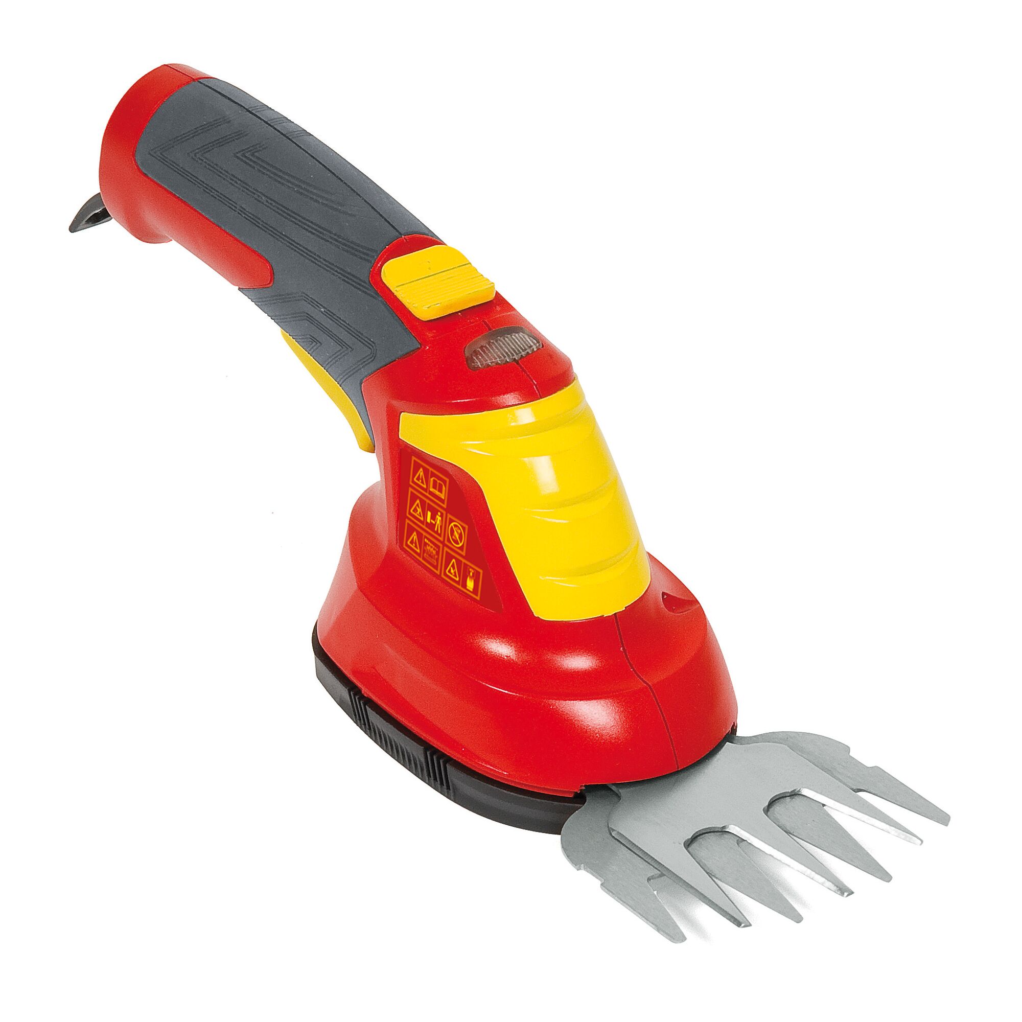 A cordless electric grass shear with a red and yellow handle and silver blades, designed for trimming grass and small plants.