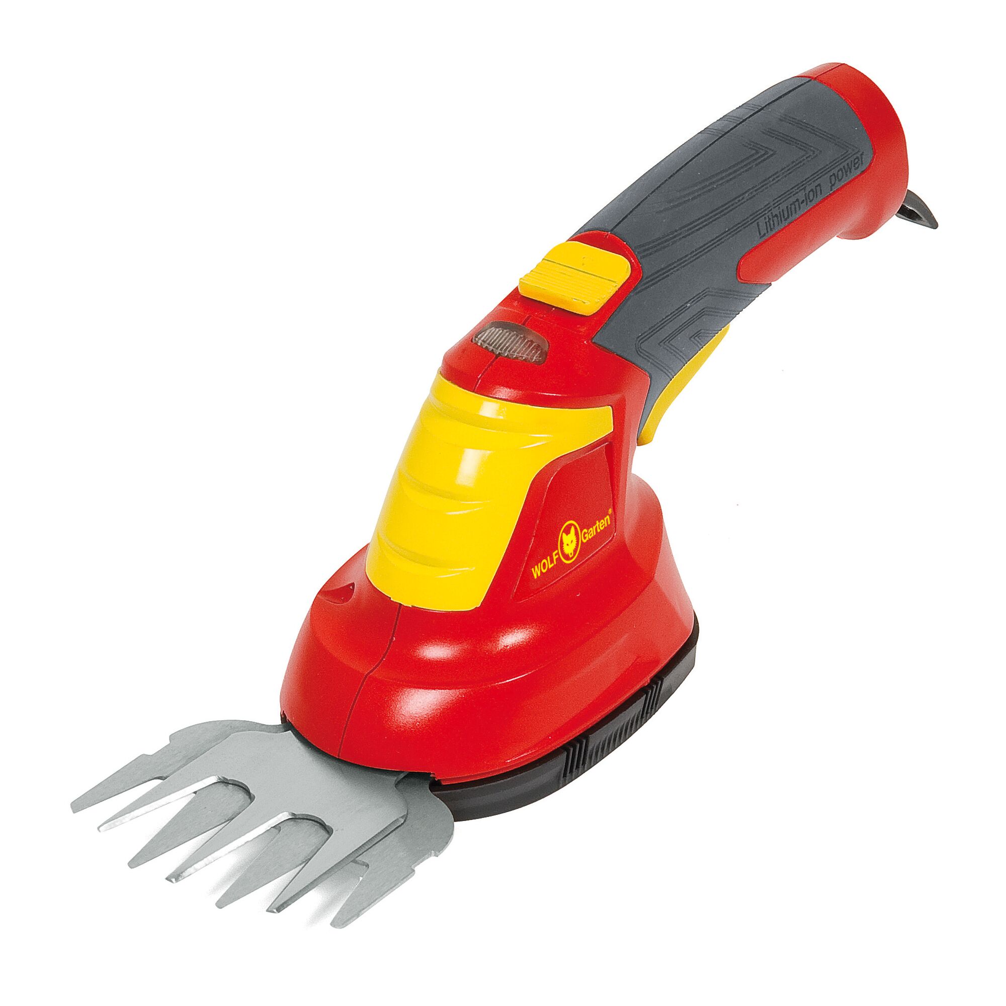 A red and yellow WOLF-Garten cordless electric grass shear with a gray handle and metal cutting blades, designed for trimming grass and garden edges.