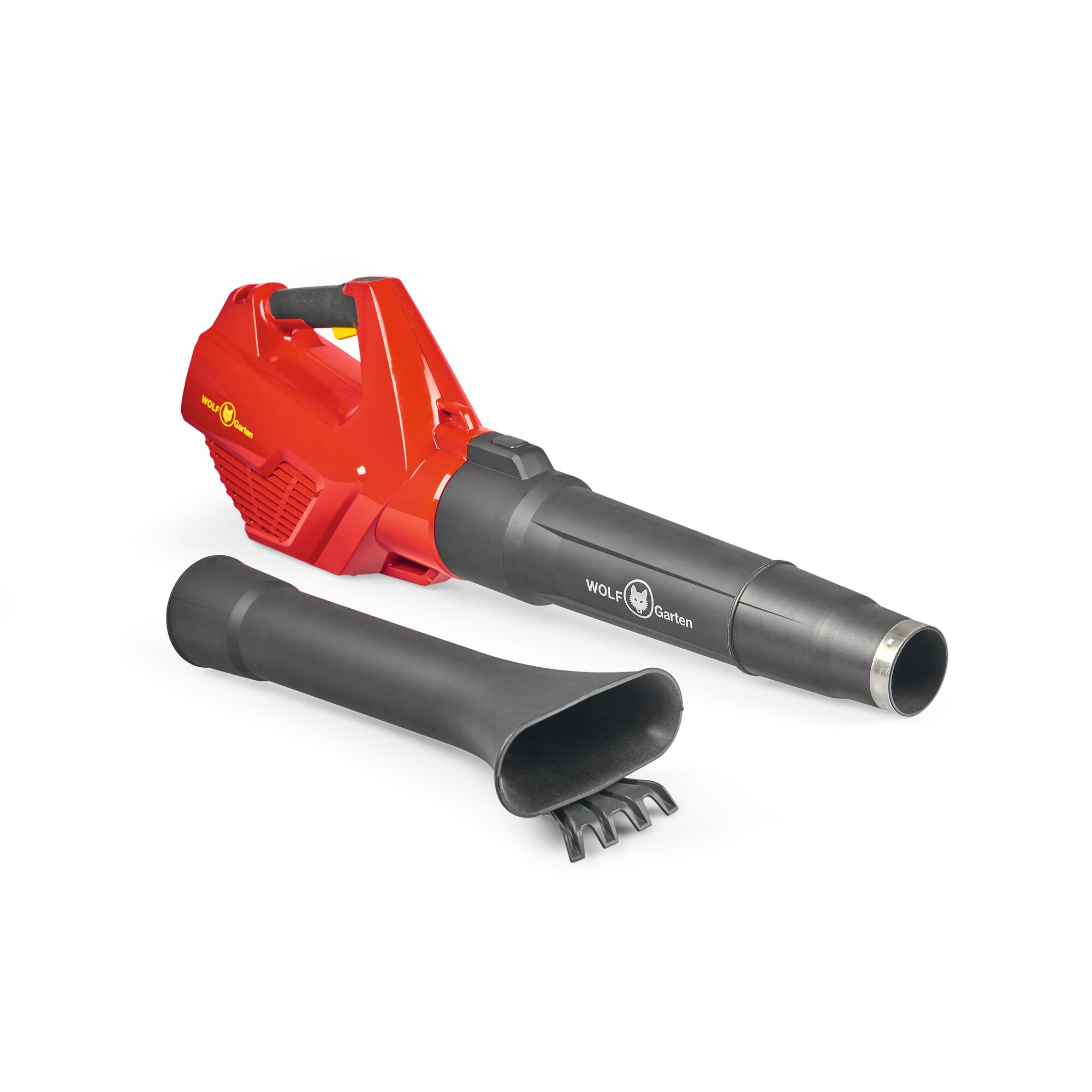 A red and black WOLF-Garten leaf blower with two detachable nozzles, designed for garden maintenance, placed on a white background.