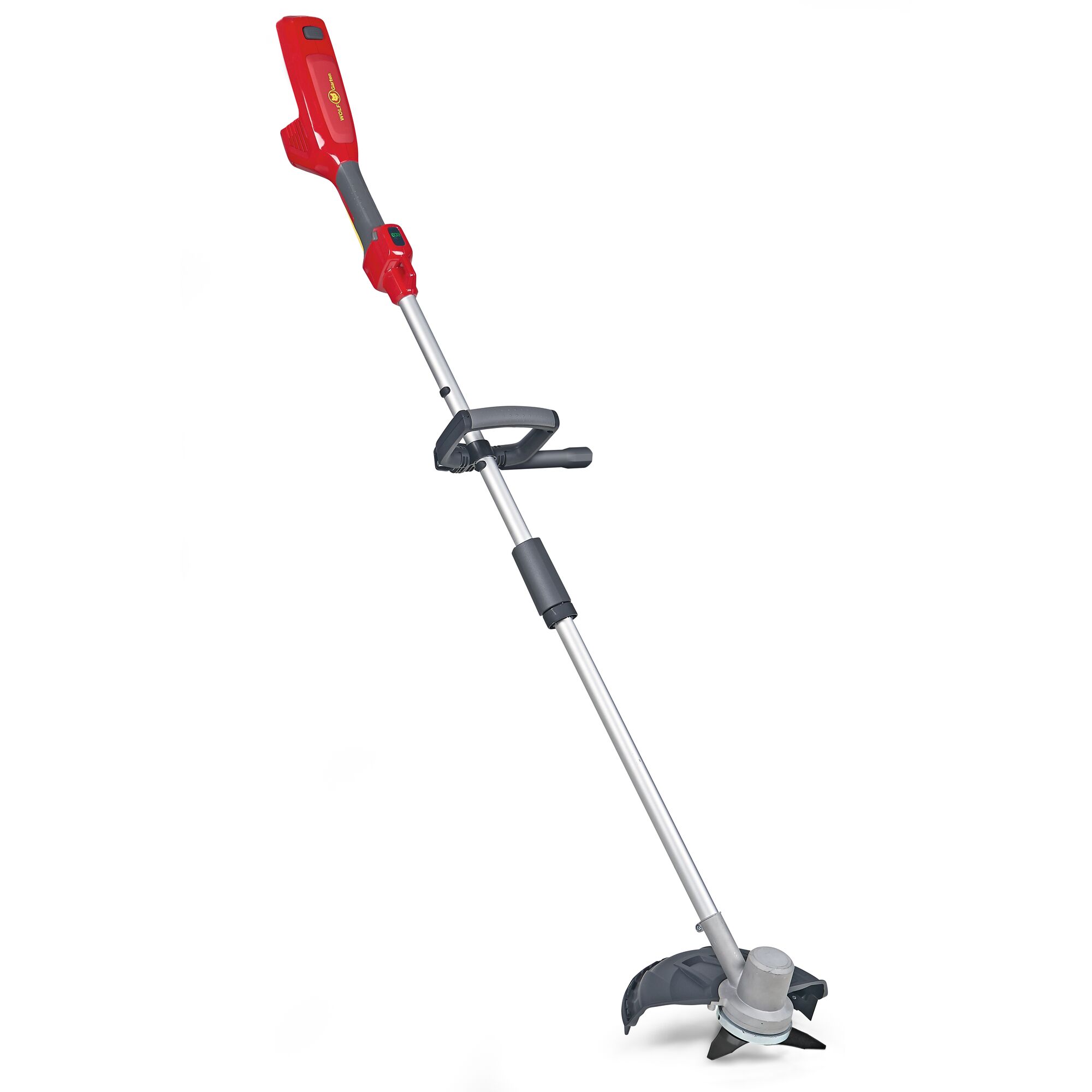 A WOLFGarten cordless grass trimmer with a red and grey handle, adjustable shaft, and protective guard around the cutting head, displayed against a white background.