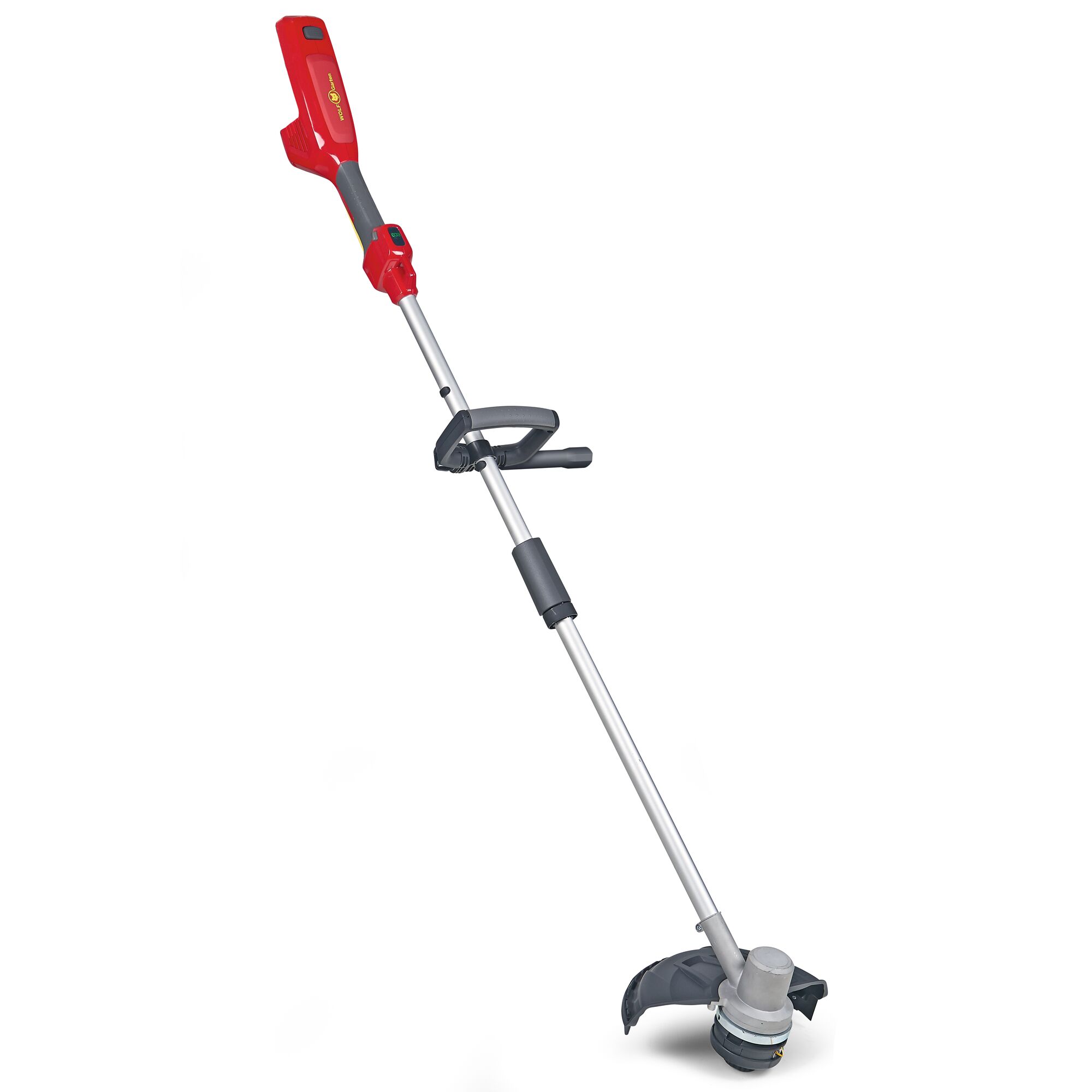 A red and gray cordless grass trimmer with an adjustable handle, shown against a white background.
