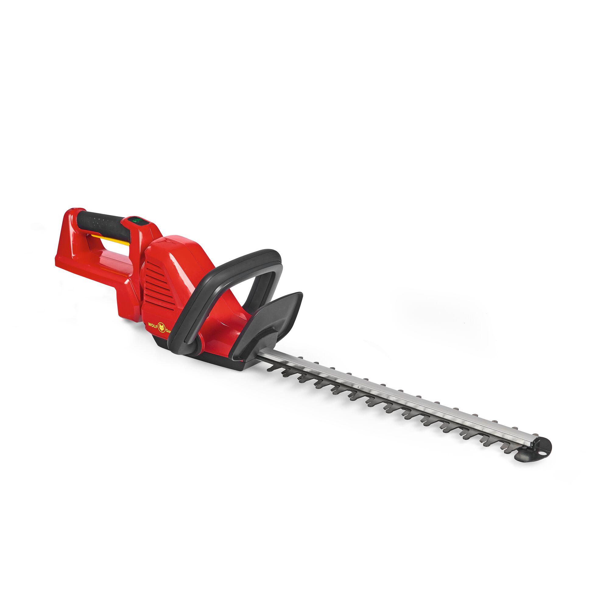A red cordless electric hedge trimmer with a black handle and long blade, shown on a white background.