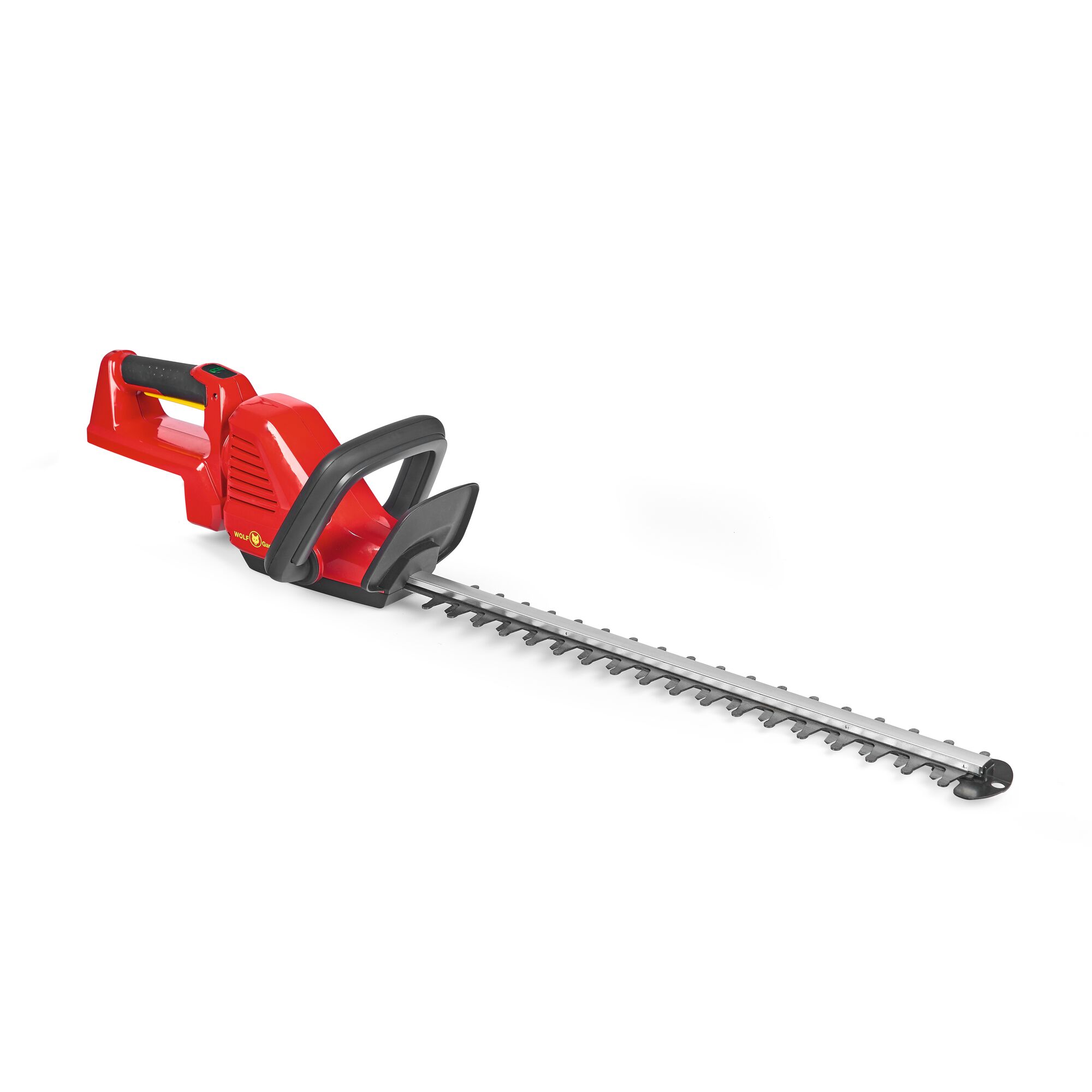 A red and black hedge trimmer with a long blade, shown on a white background.