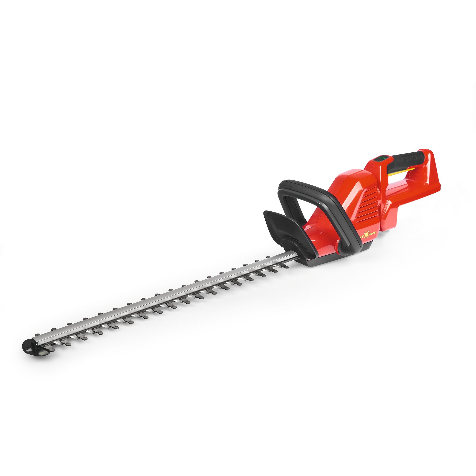 A red and black electric hedge trimmer with a long blade and ergonomic handle, designed for trimming hedges and bushes.