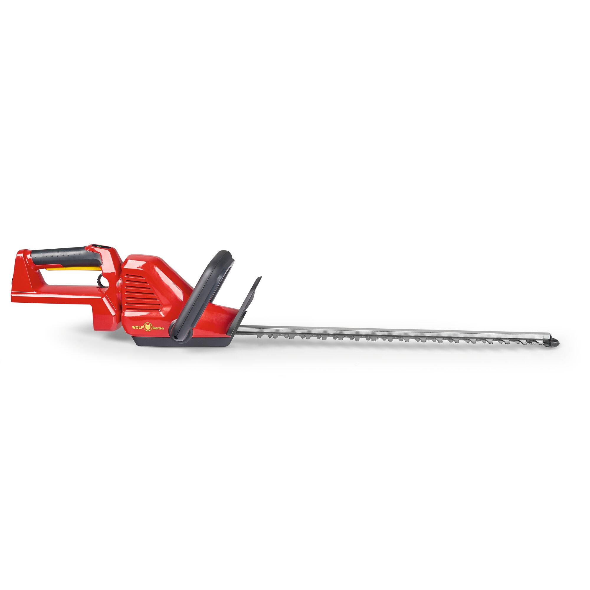 A red and black electric hedge trimmer from WOLF-Garten with a long blade, ergonomic handle, and protective guard.
