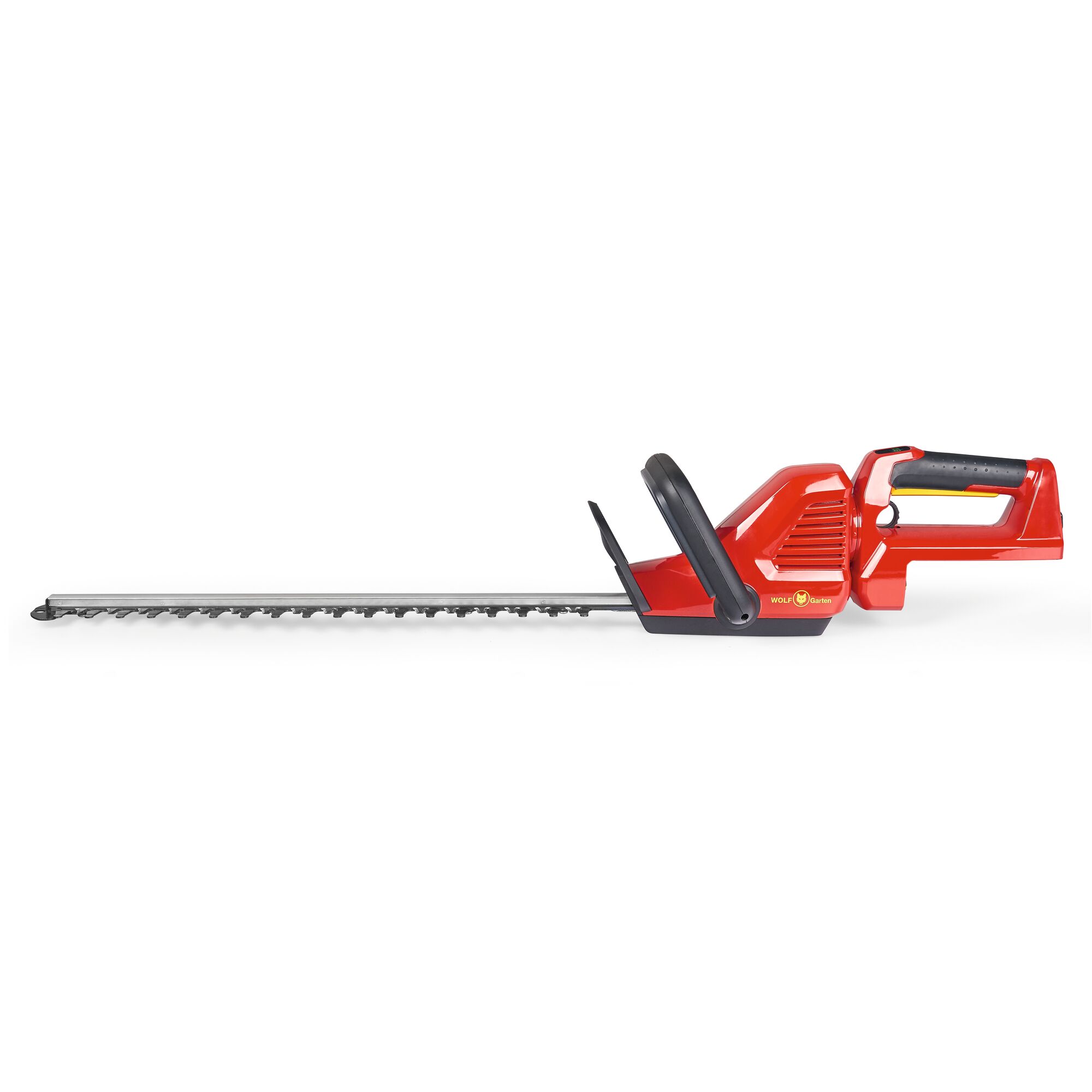A red and black electric hedge trimmer with a long blade, featuring the WOLFGarten logo on the side.