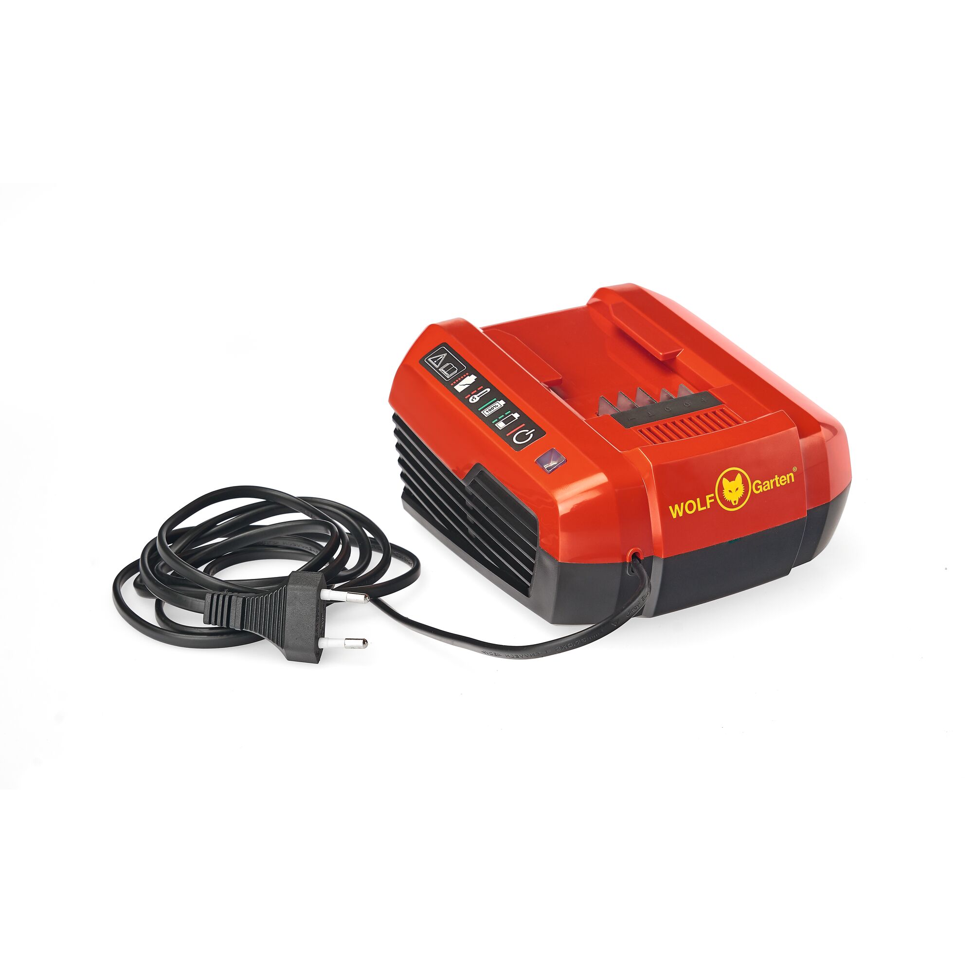 A red WOLF Garten battery charger with a black power cord and plug, suitable for charging garden tool batteries.