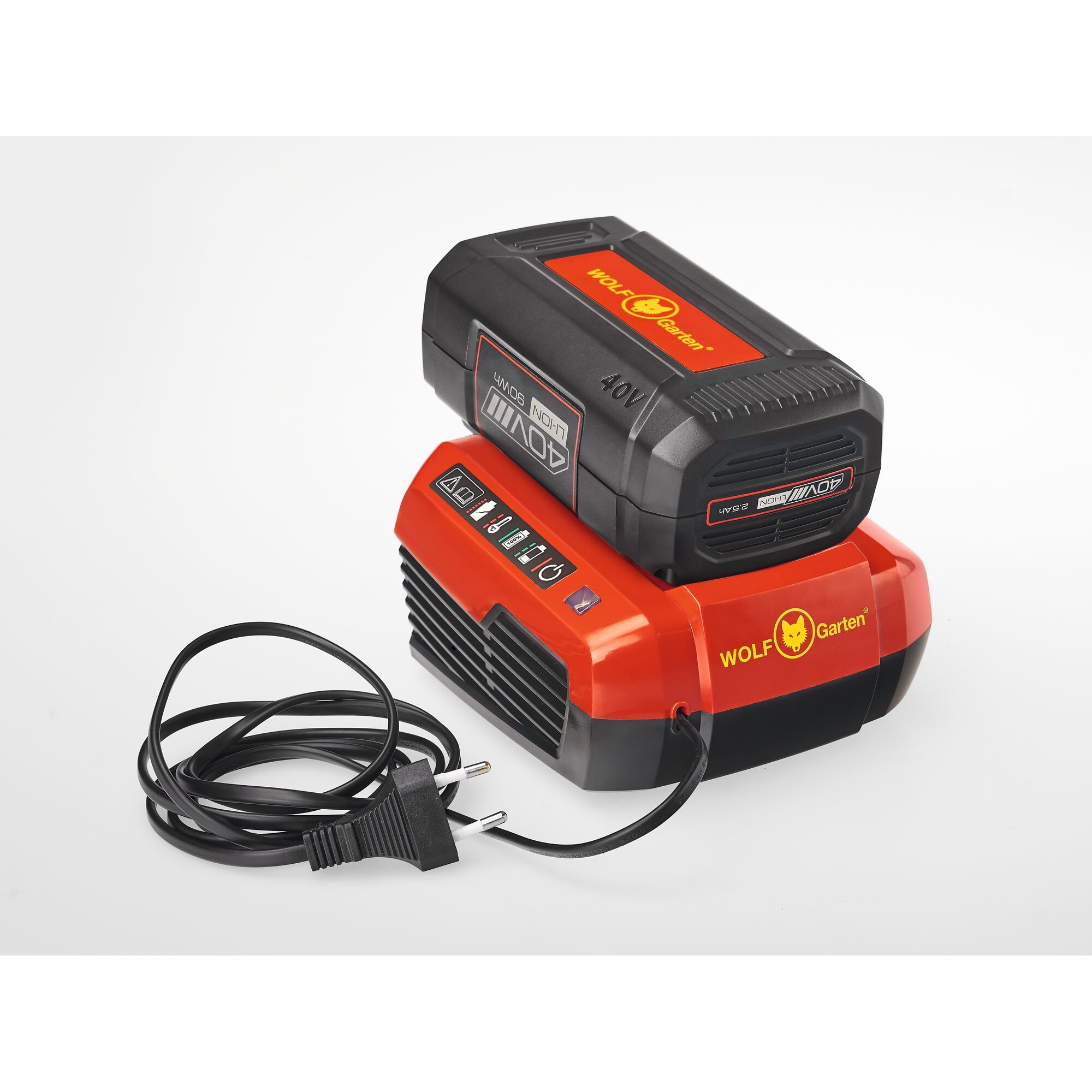 A WOLFGarten 40V lithium-ion battery and charger with an attached power cord, designed for gardening equipment, shown on a white background.
