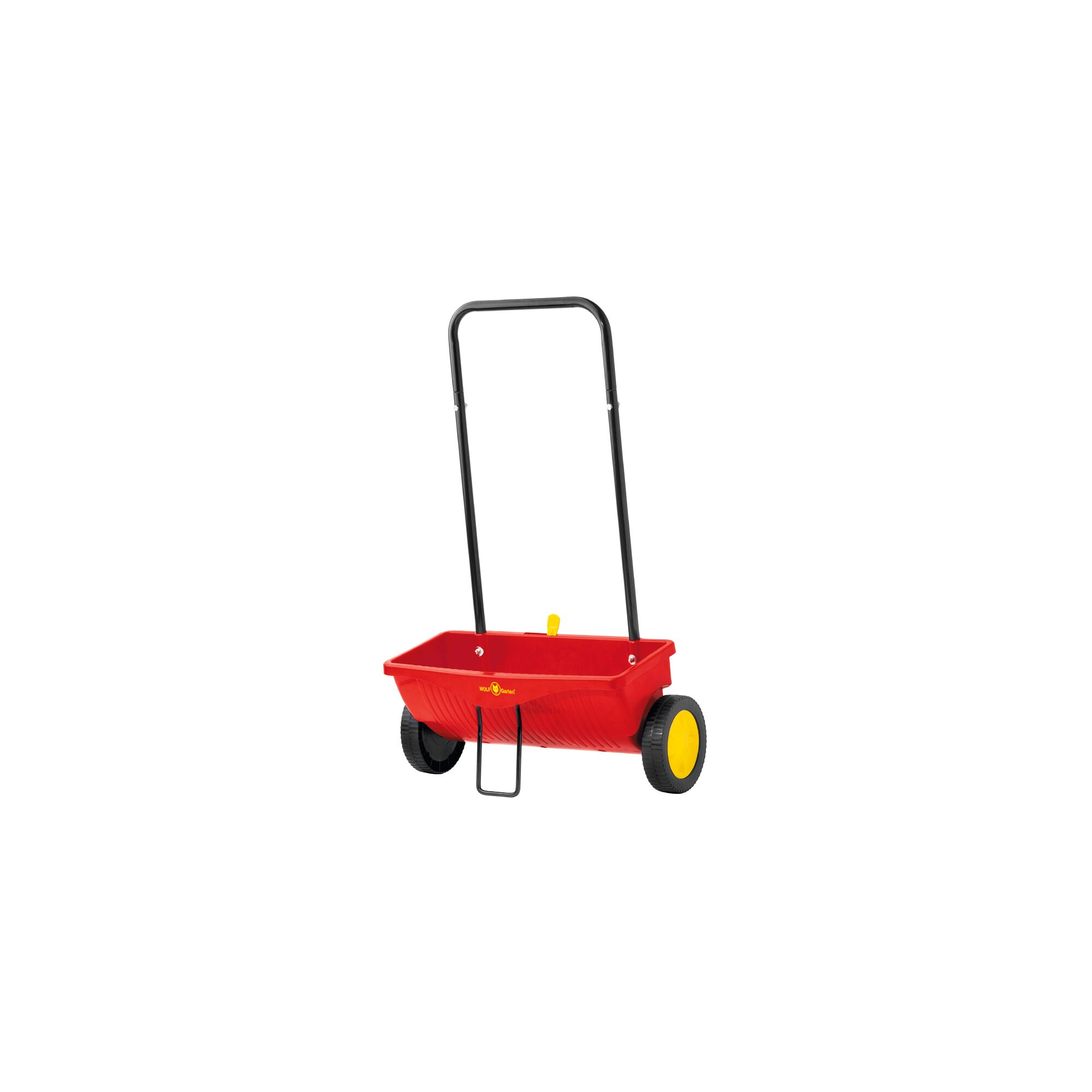 A red and yellow push spreader with two black wheels and a black handle, used for spreading fertilizer or seeds on lawns. The product is shown on a plain white background.
