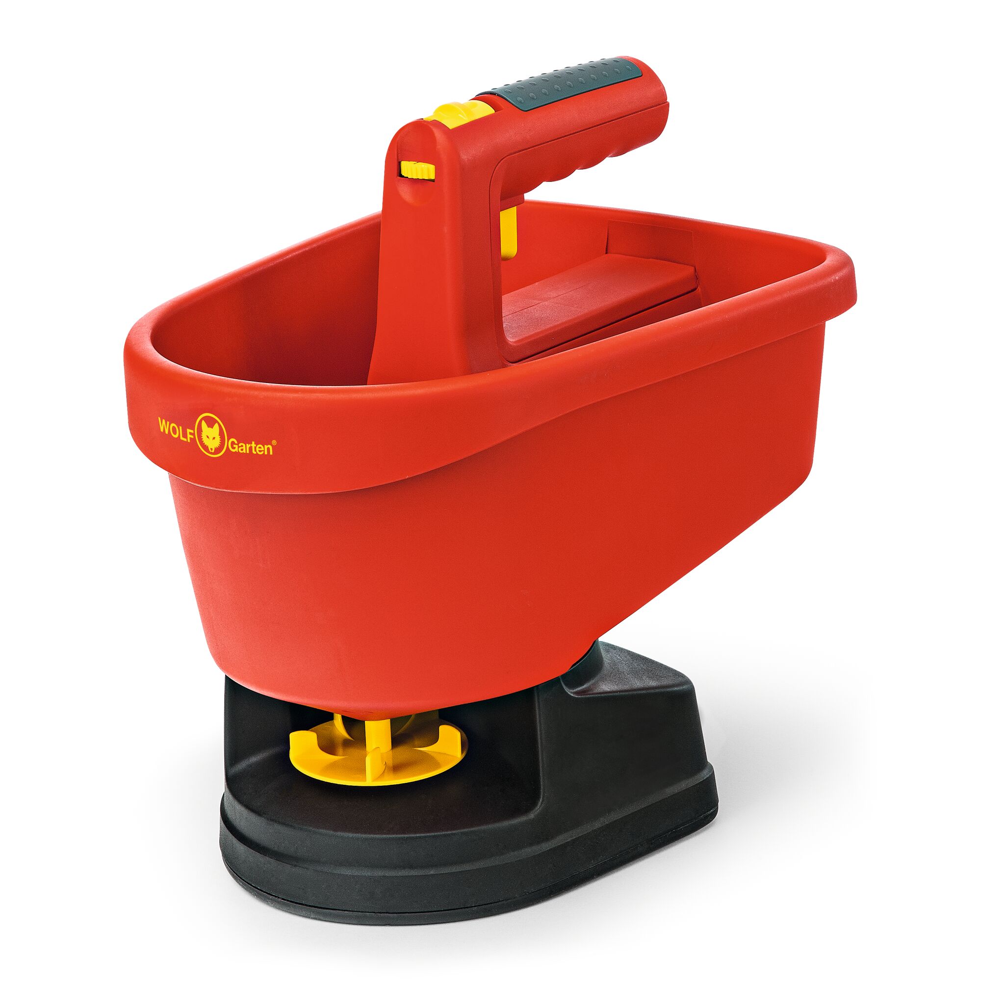 Red and yellow hand-held fertilizer spreader with a black base, branded WOLFGarten WE-B.