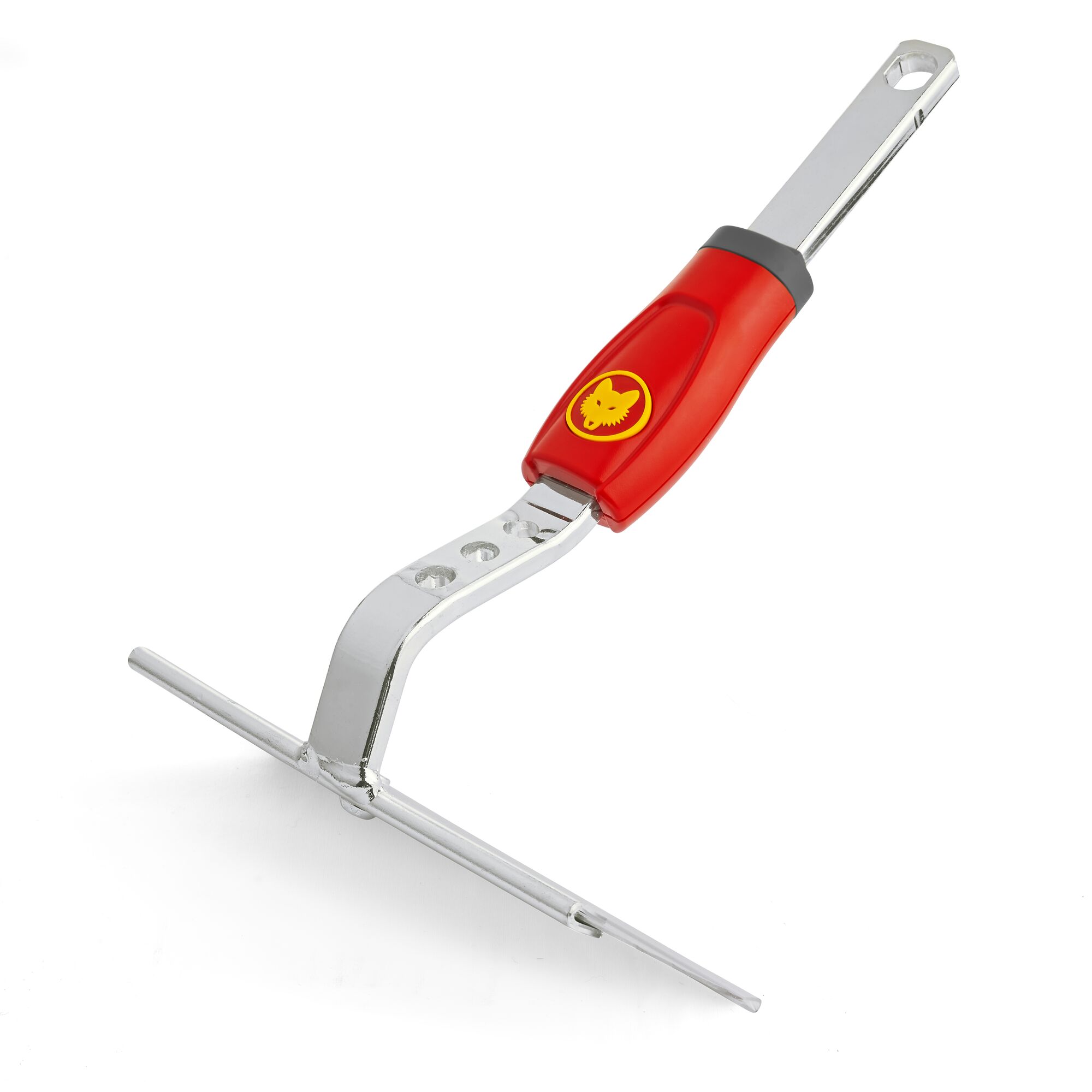 A metal garden tool with a red handle, featuring the WOLFGarten logo, designed for scraping or cleaning surfaces.
