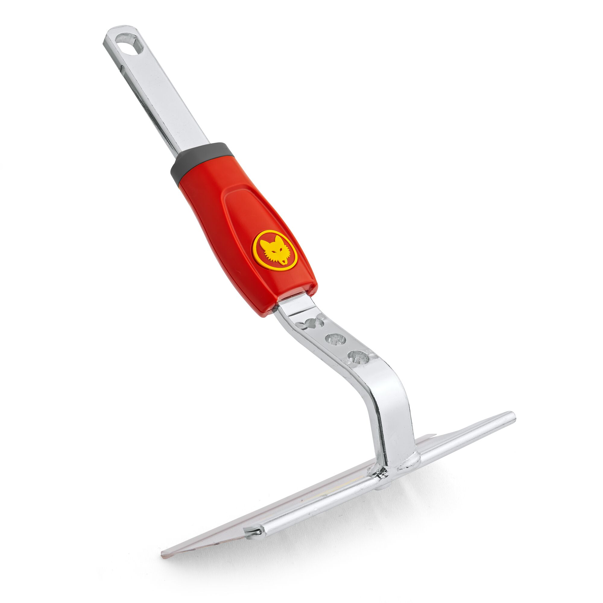 A WOLFGarten gardening tool with a metal blade and a red handle featuring the brand's yellow wolf logo, photographed on a white background.