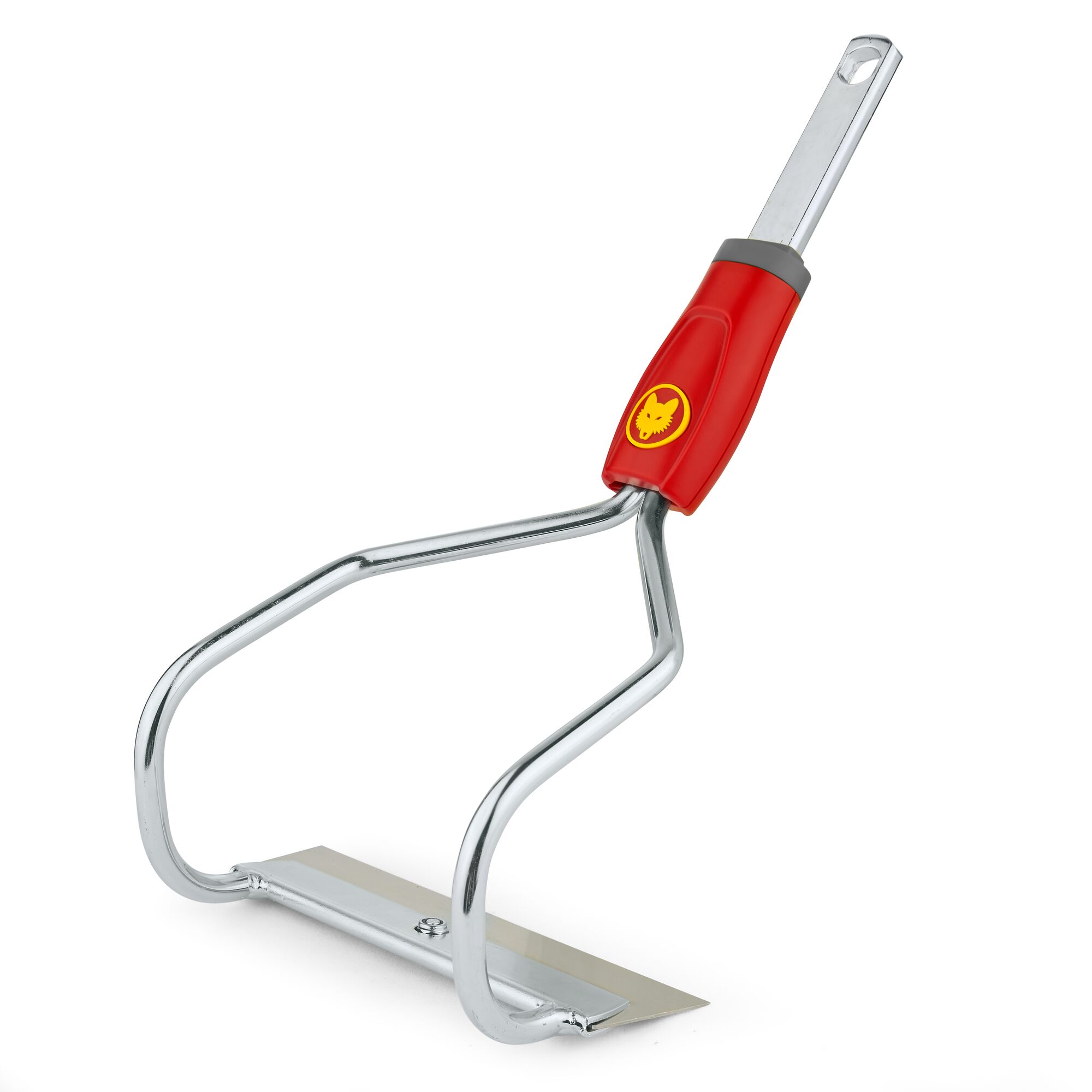 A metal gardening tool with a red handle and a flat blade, designed for soil cultivation or weeding. The handle features a yellow wolf head logo.