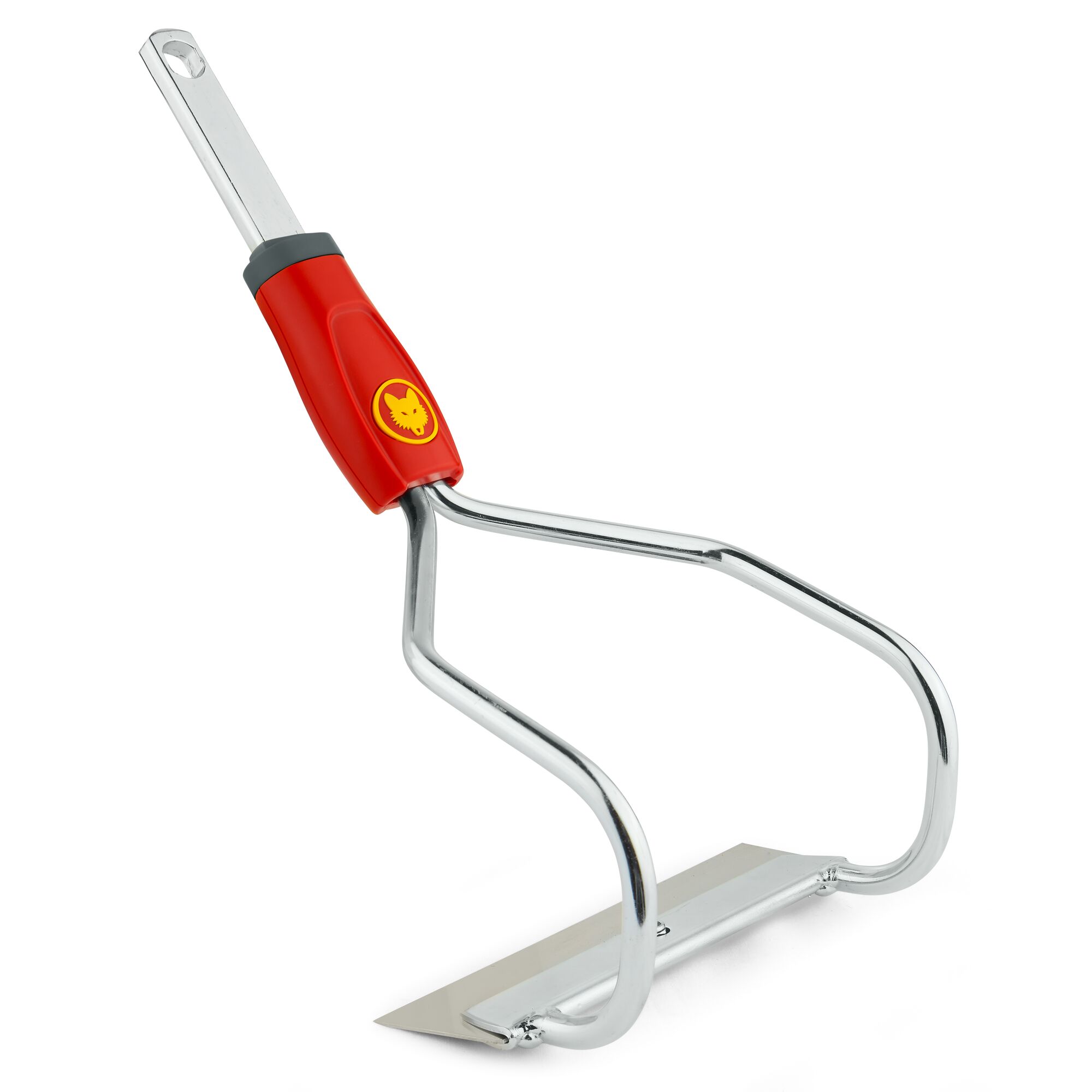 A metal garden hoe with a red and silver handle, designed for cultivating soil. The handle features a yellow logo with an animal silhouette.