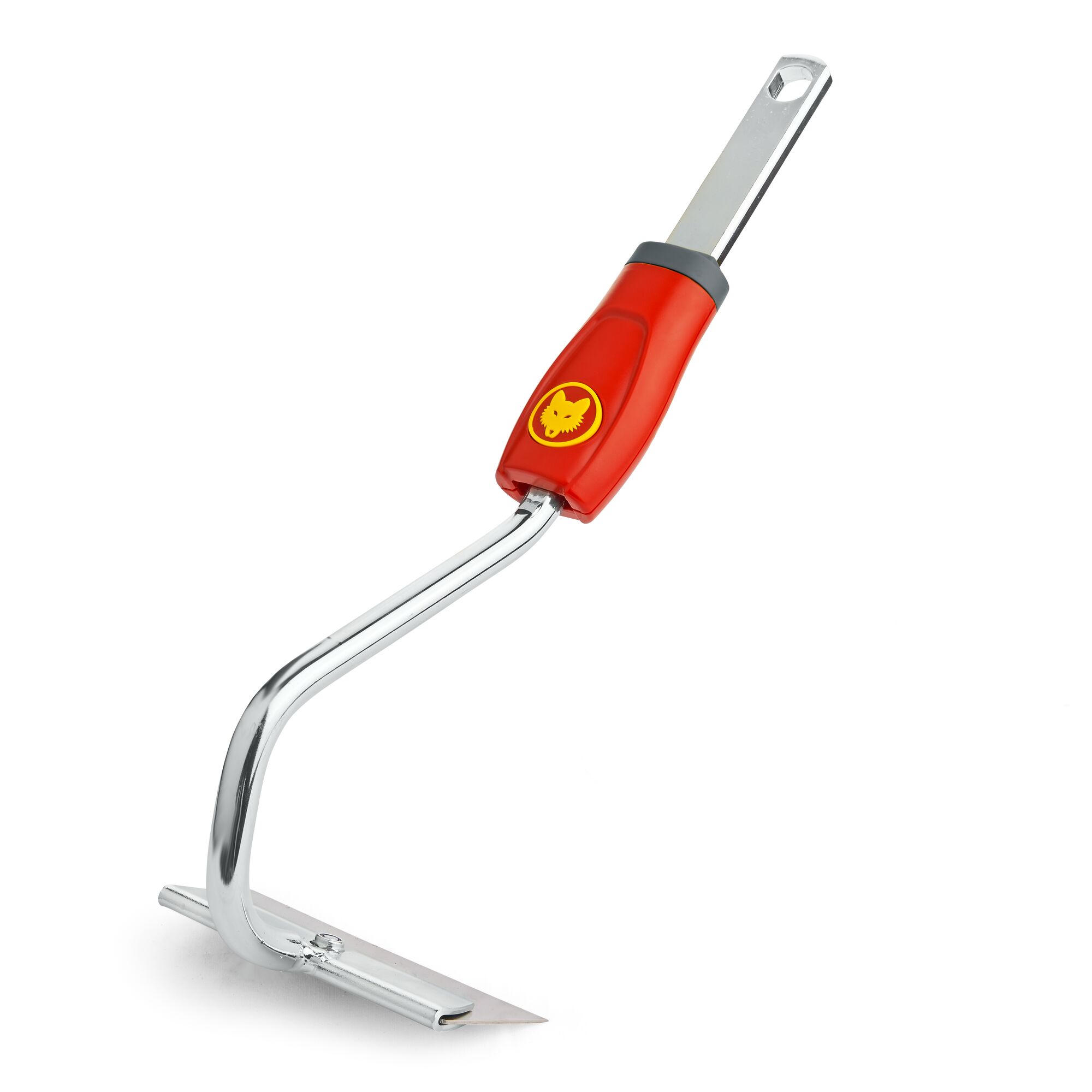A gardening tool with a red and yellow handle and a metal blade, designed for soil cultivation or weeding. The tool has a curved shaft and a WOLF-Garten brand logo on the handle.