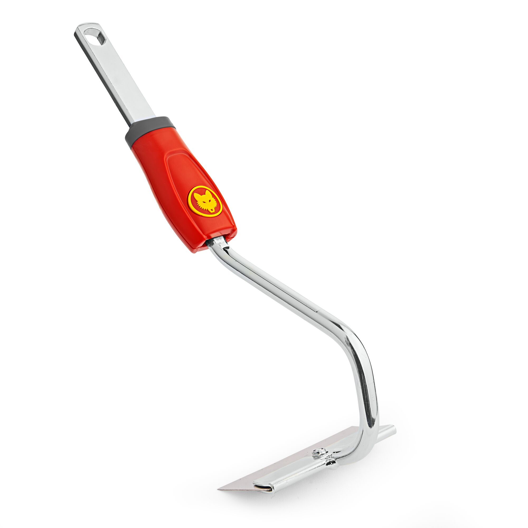 A metal gardening tool with a red handle and a flat blade, designed for cultivating soil or removing weeds. The handle features a yellow wolf head logo.