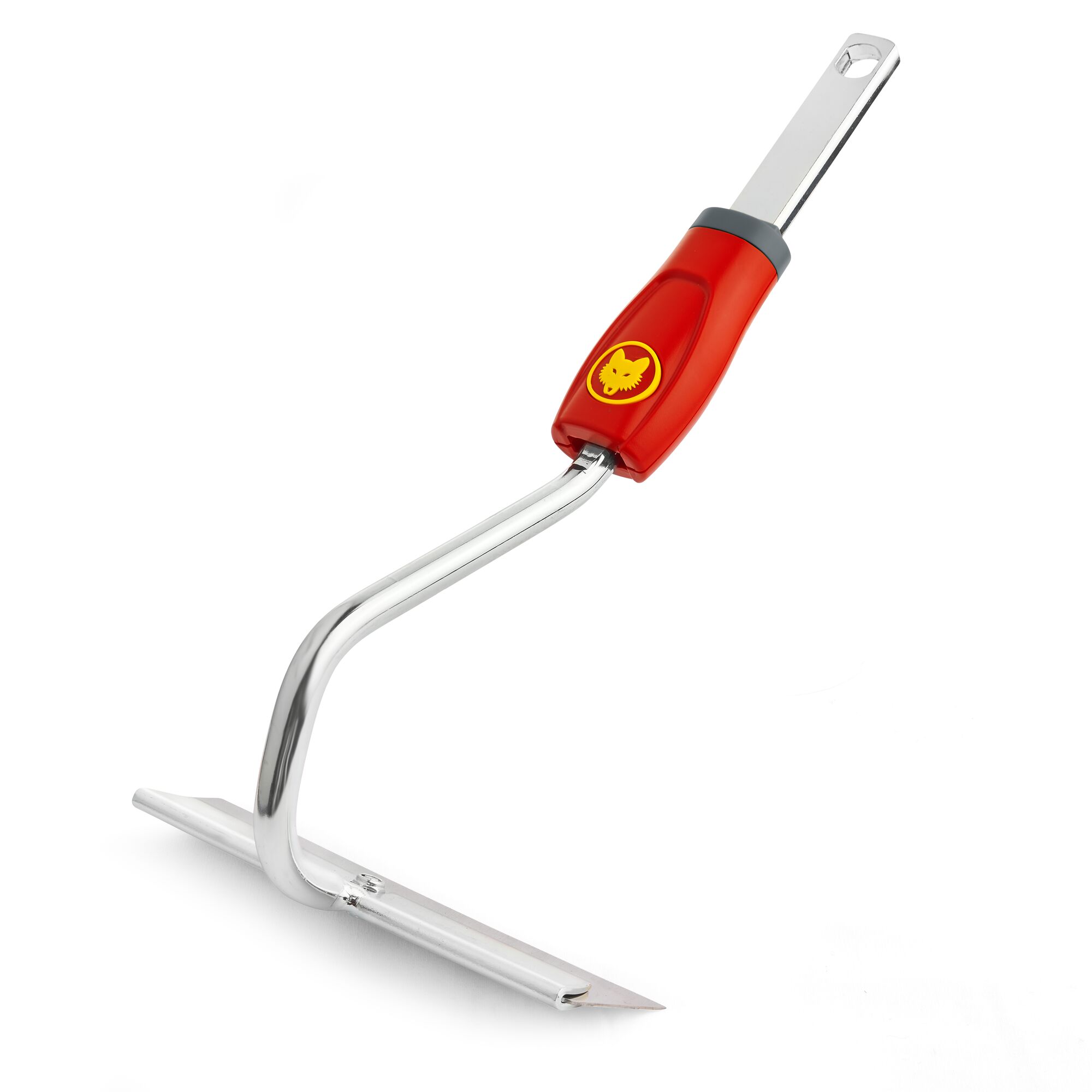A metal garden tool with a red handle and a yellow emblem, designed for scraping and weeding, photographed on a white background.
