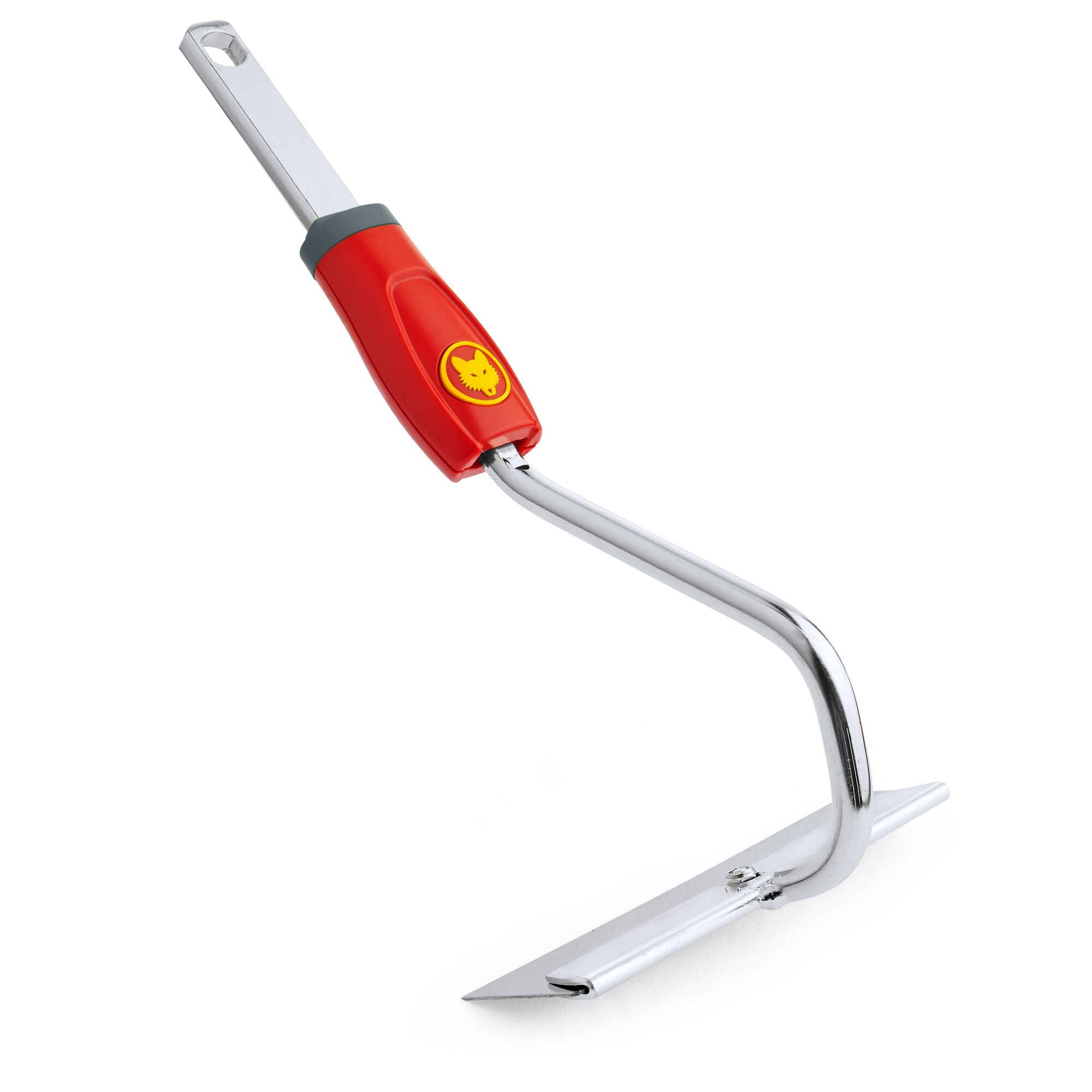 A WOLFGarten garden hoe with a metal blade and a red handle, featuring a yellow logo. The tool is used for gardening tasks like weeding and soil cultivation.