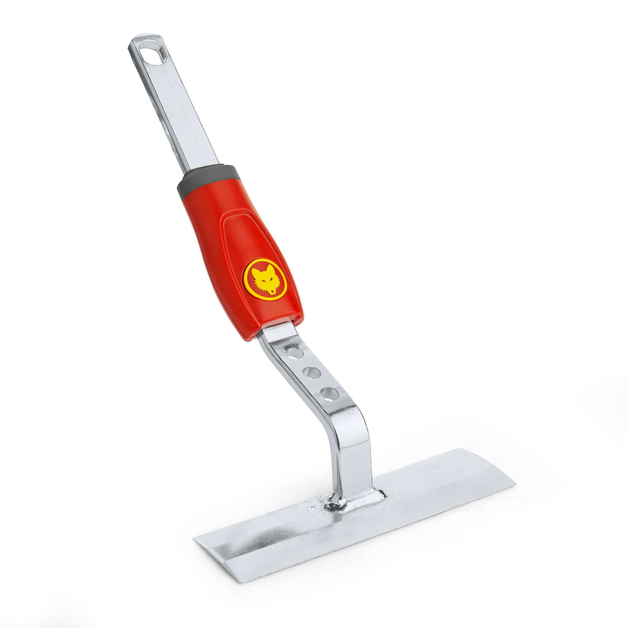A gardening tool with a red and grey handle and a flat metal blade, used for tasks such as scraping or weeding. The handle has a yellow wolf logo.