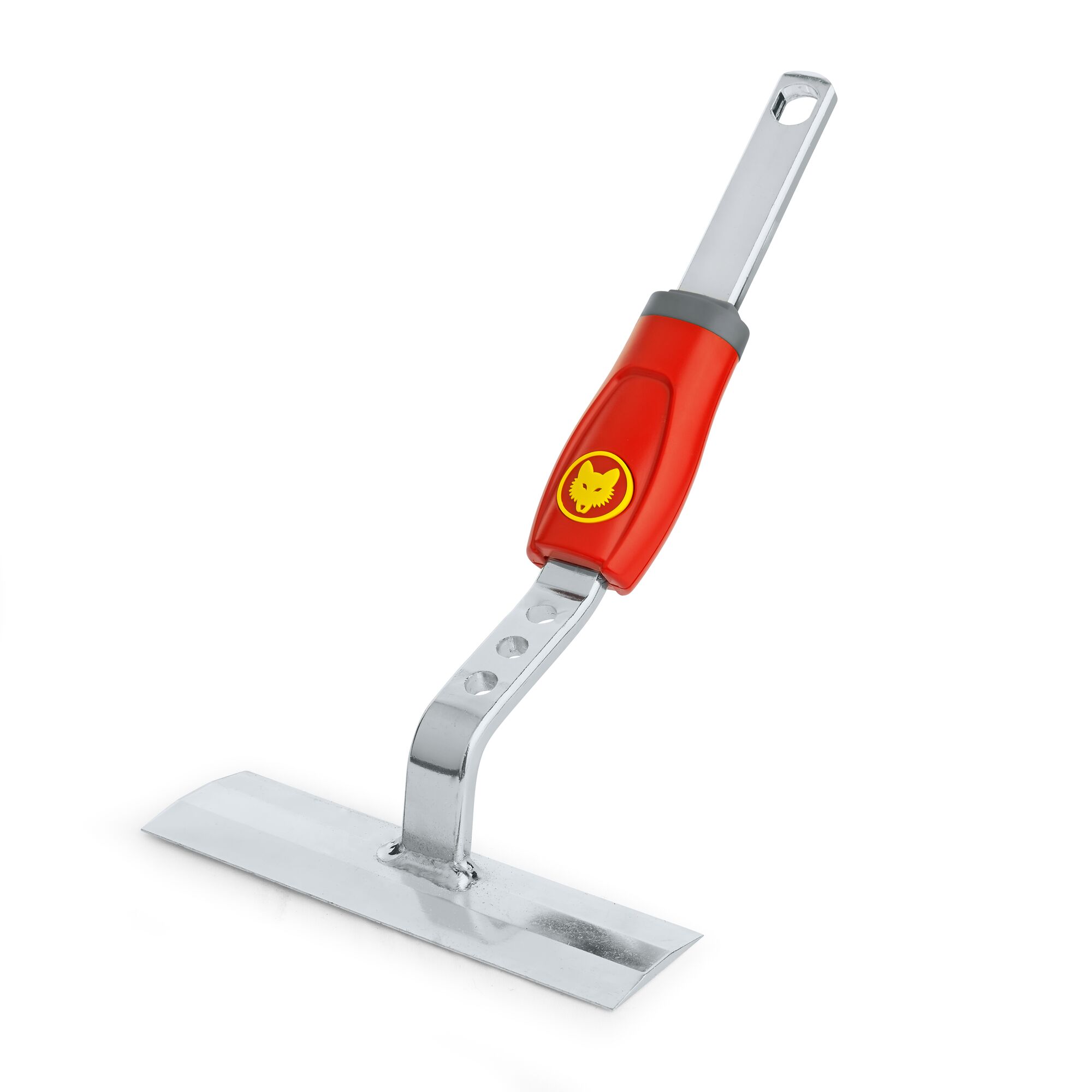 A metal gardening tool with a red and yellow handle, featuring a flat blade, designed for soil cultivation or weeding.