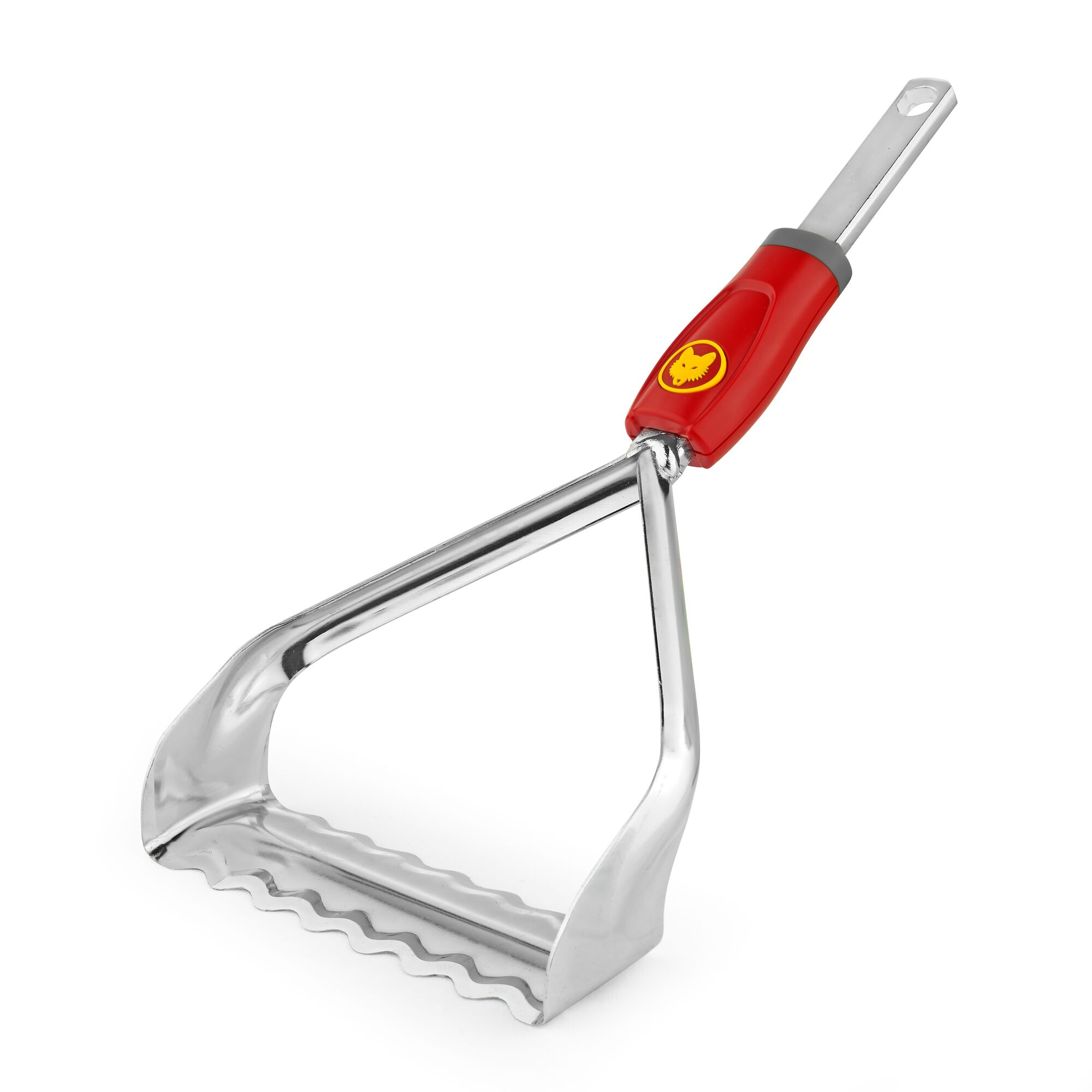 A metal gardening tool with a red handle, featuring a triangular frame and a wavy-edged blade designed for working soil.