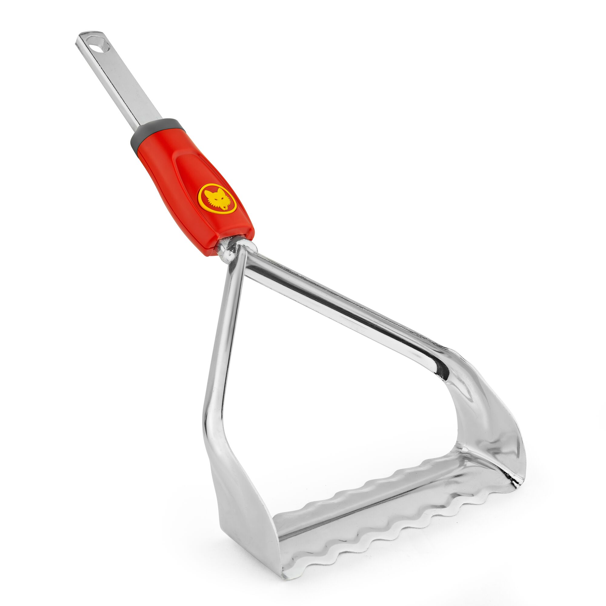 A WOLFGarten gardening tool with a red, yellow, and metallic handle and a stainless steel blade with a wavy edge, photographed on a white background.