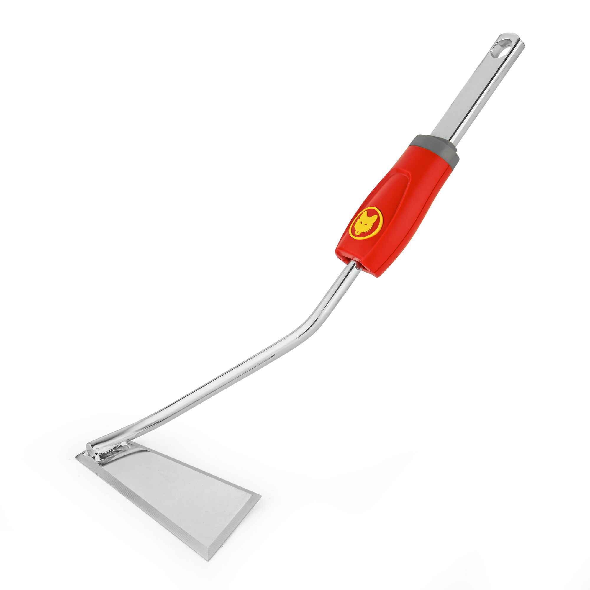 A gardening tool with a metal blade and a red ergonomic handle, designed for weeding or clearing soil. The handle features a yellow logo on it.