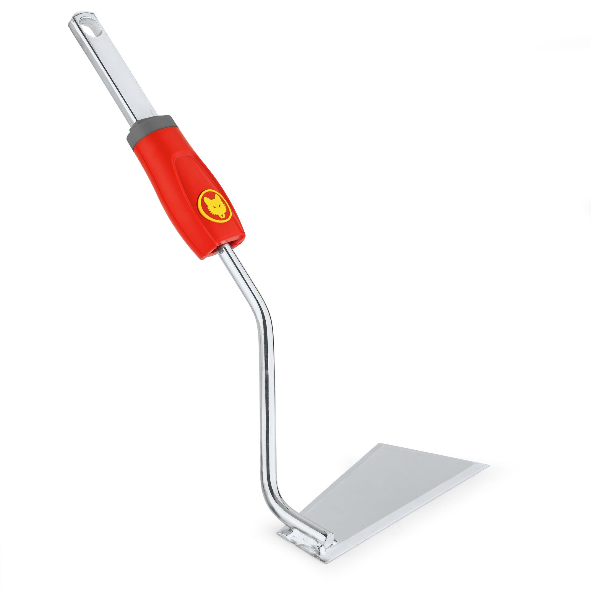A gardening hand tool with a red and silver handle and a triangular metal blade, used for weeding or cultivating soil.
