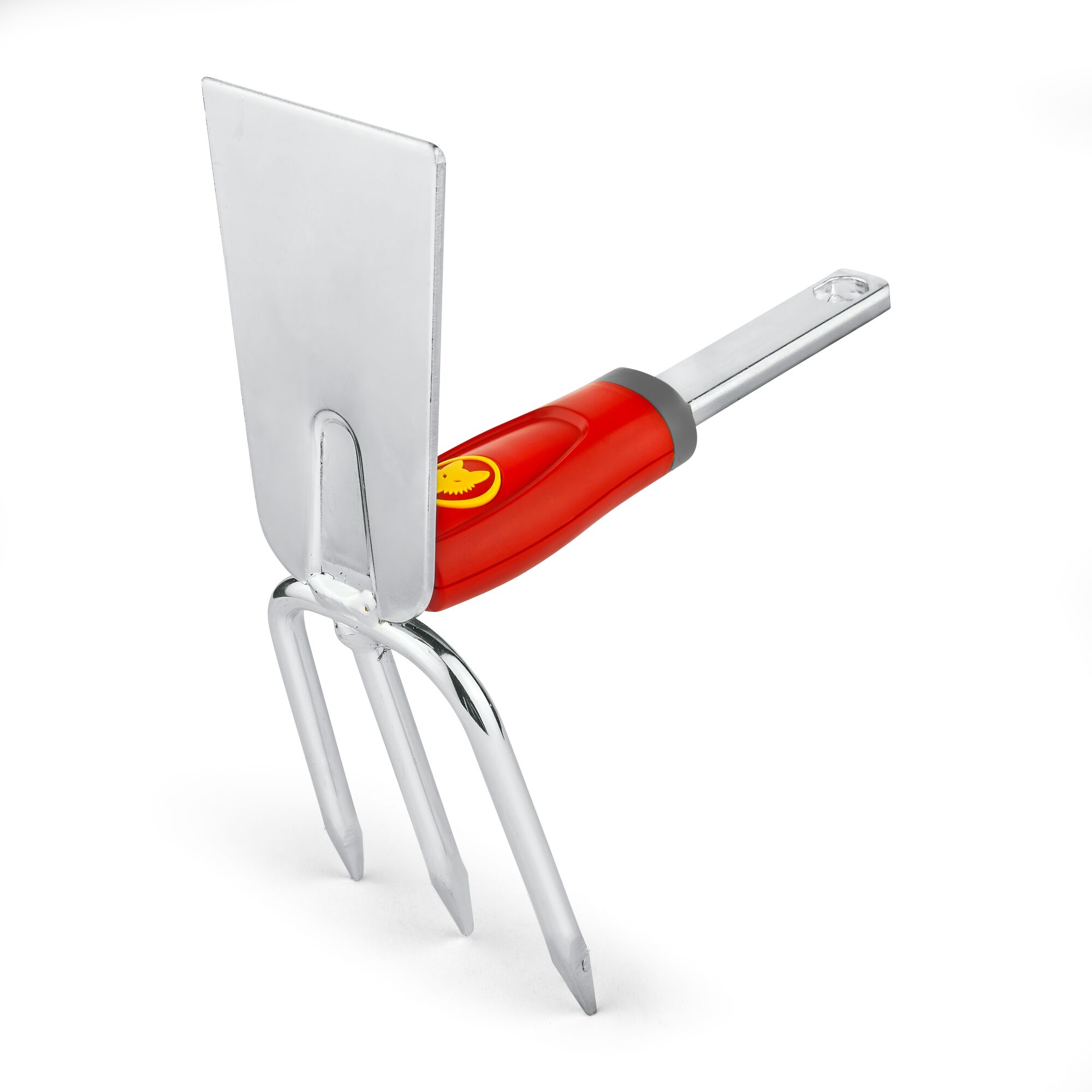 A gardening tool with a red handle, featuring a flat metal blade and three pointed prongs, used for cultivating soil.