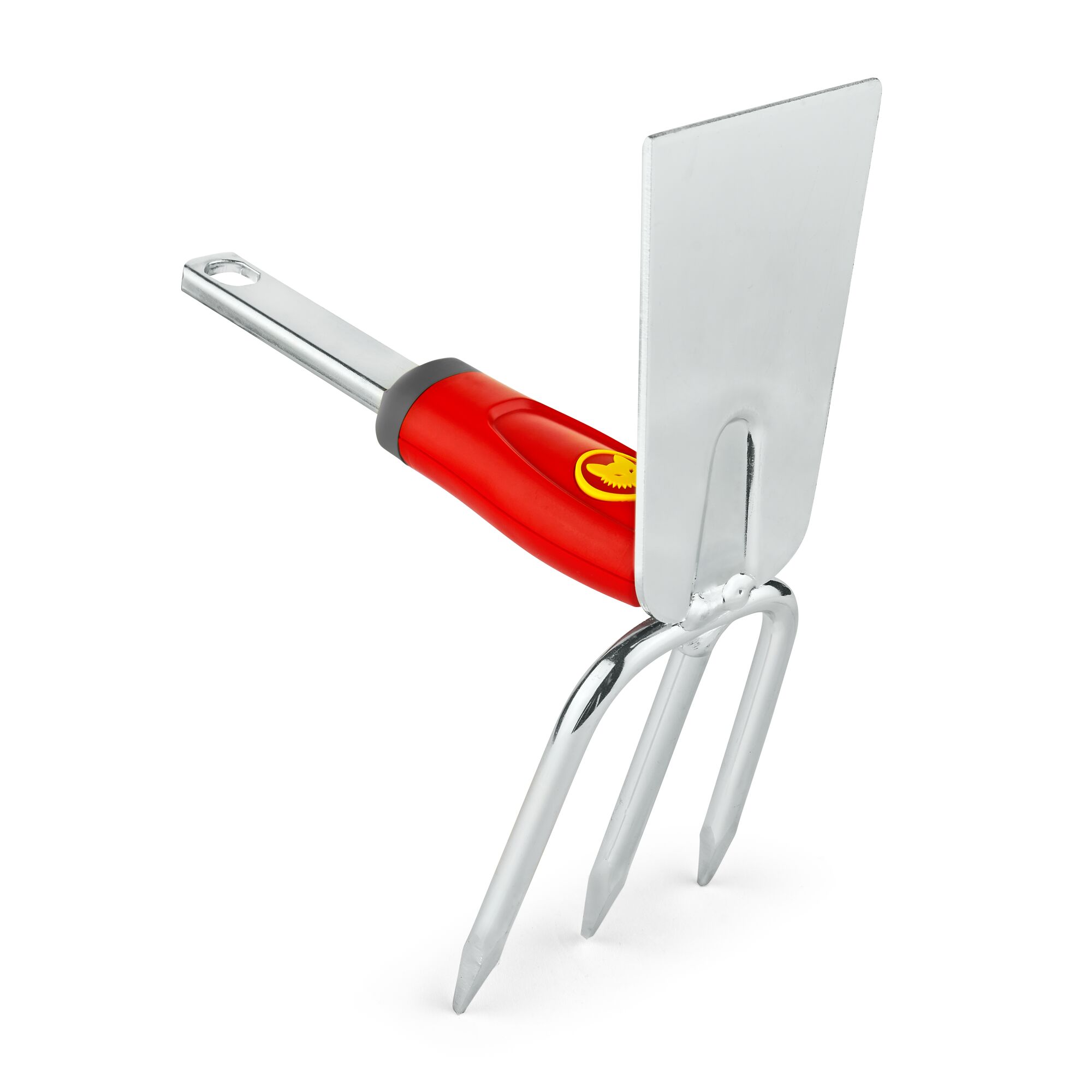 A steel gardening hand tool featuring a red handle and a combination of three prongs and a flat hoe blade, designed for soil cultivation and weeding.