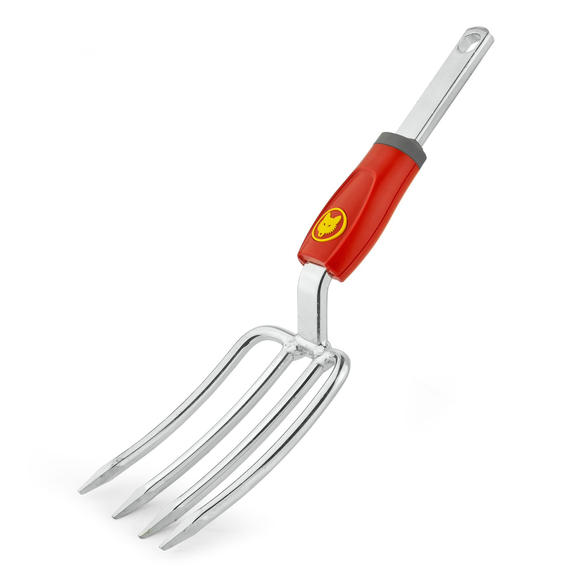 A metal garden fork with a red handle, featuring the WOLFGarten logo. The tool has four tines and is designed for gardening tasks such as soil turning and aeration.