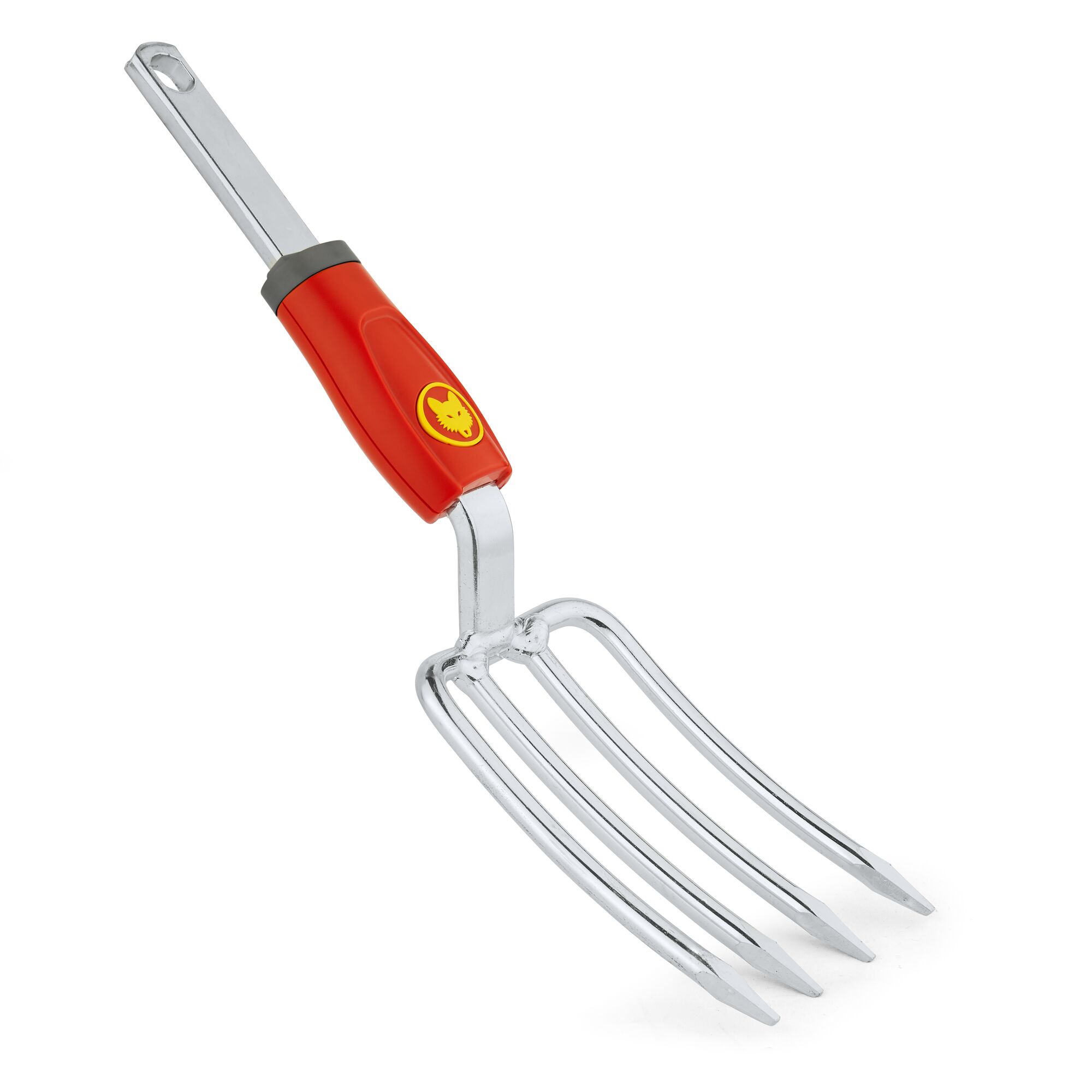 A metal hand fork with a red and yellow handle, designed for gardening. It has four prongs and the handle features the WOLFGarten logo.