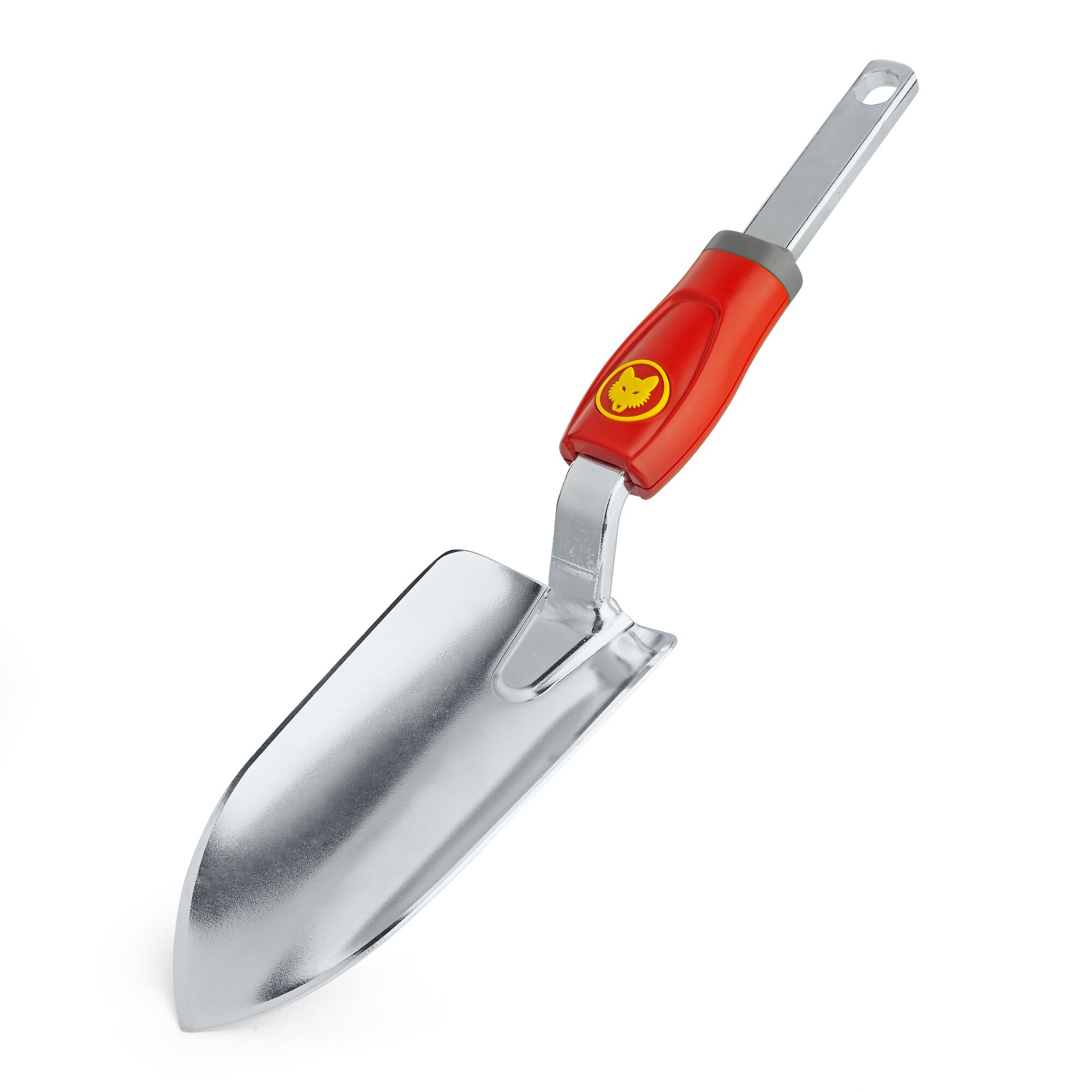 A metal garden trowel with a shiny, silver blade and a red and yellow handle, shown on a white background.