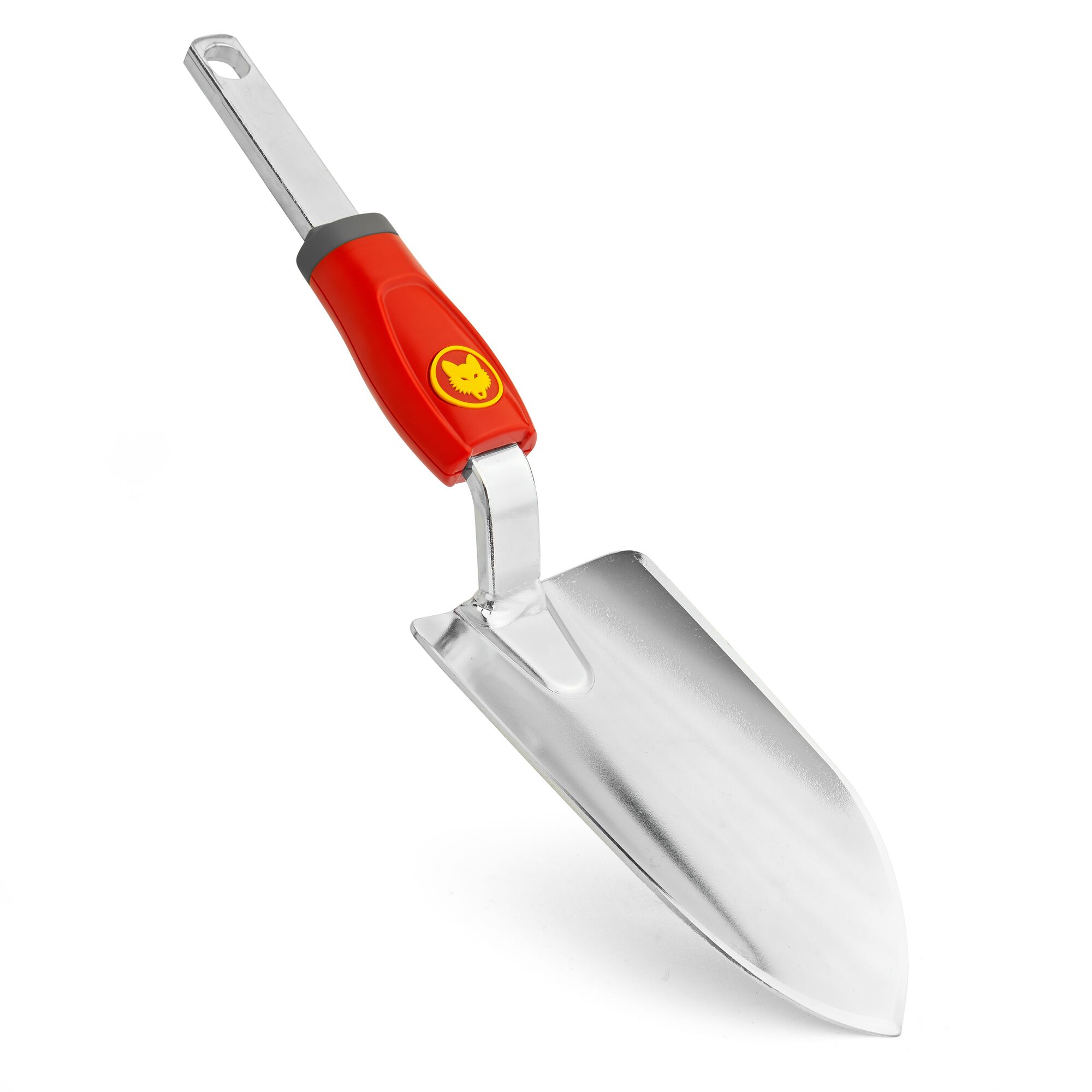 A silver gardening trowel with a red and grey handle, featuring a yellow wolf logo.