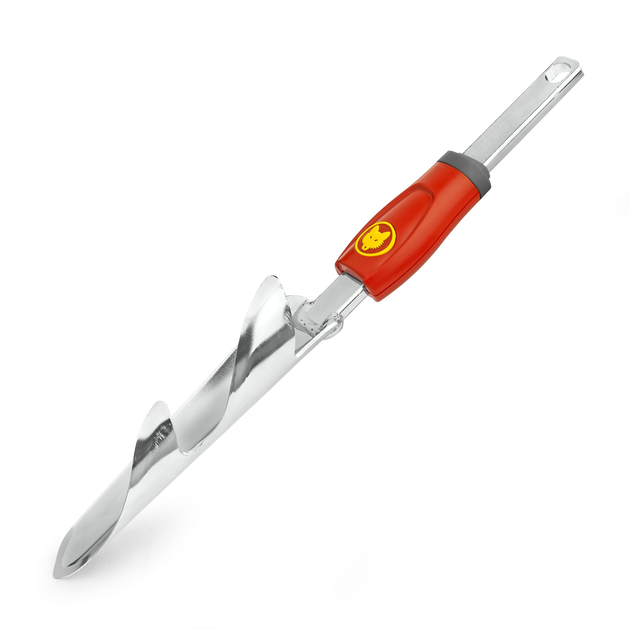A close-up image of a WOLFGarten garden tool with a red handle and a metal auger blade, designed for soil cultivation.