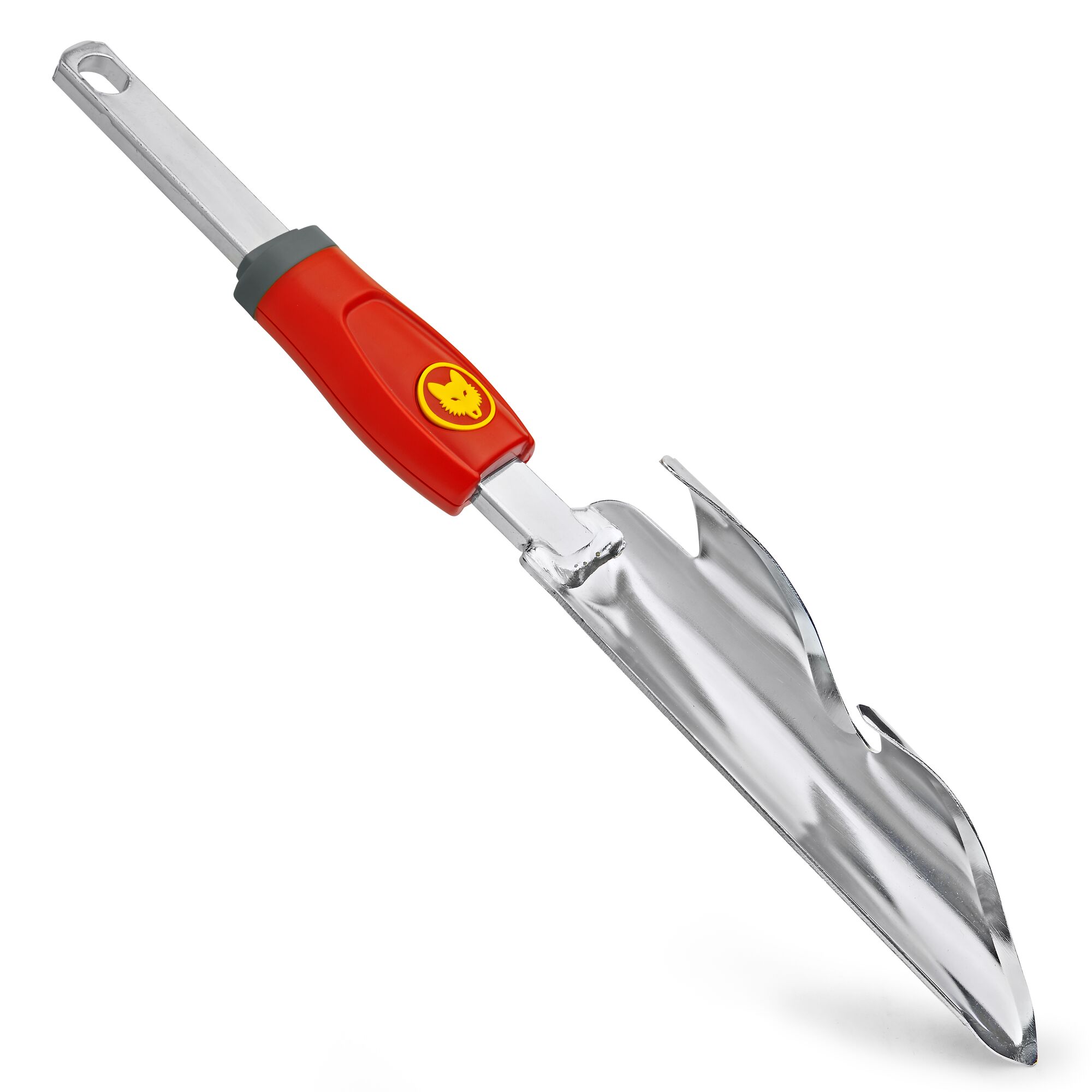 A metal garden hand tool with a red and grey handle, featuring a yellow WOLFGarten logo. The blade is silver and has a unique shape with serrated edges, designed for soil work and gardening.