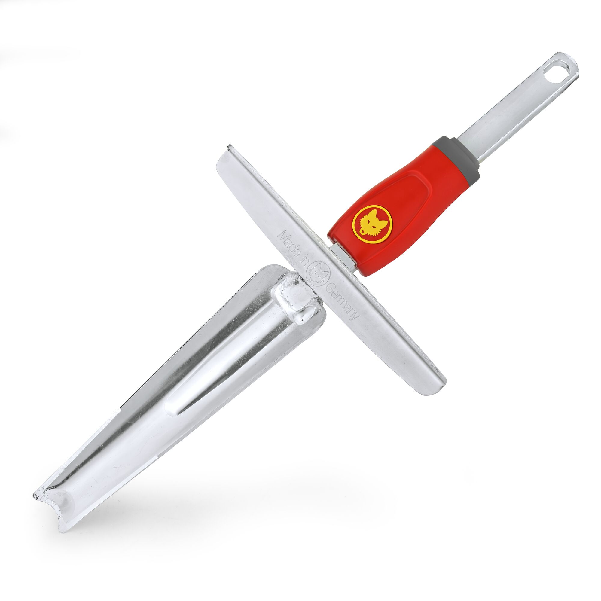 A metal garden tool with a red and grey handle and a blade, designed for weeding, shown against a white background. The handle features a yellow logo.