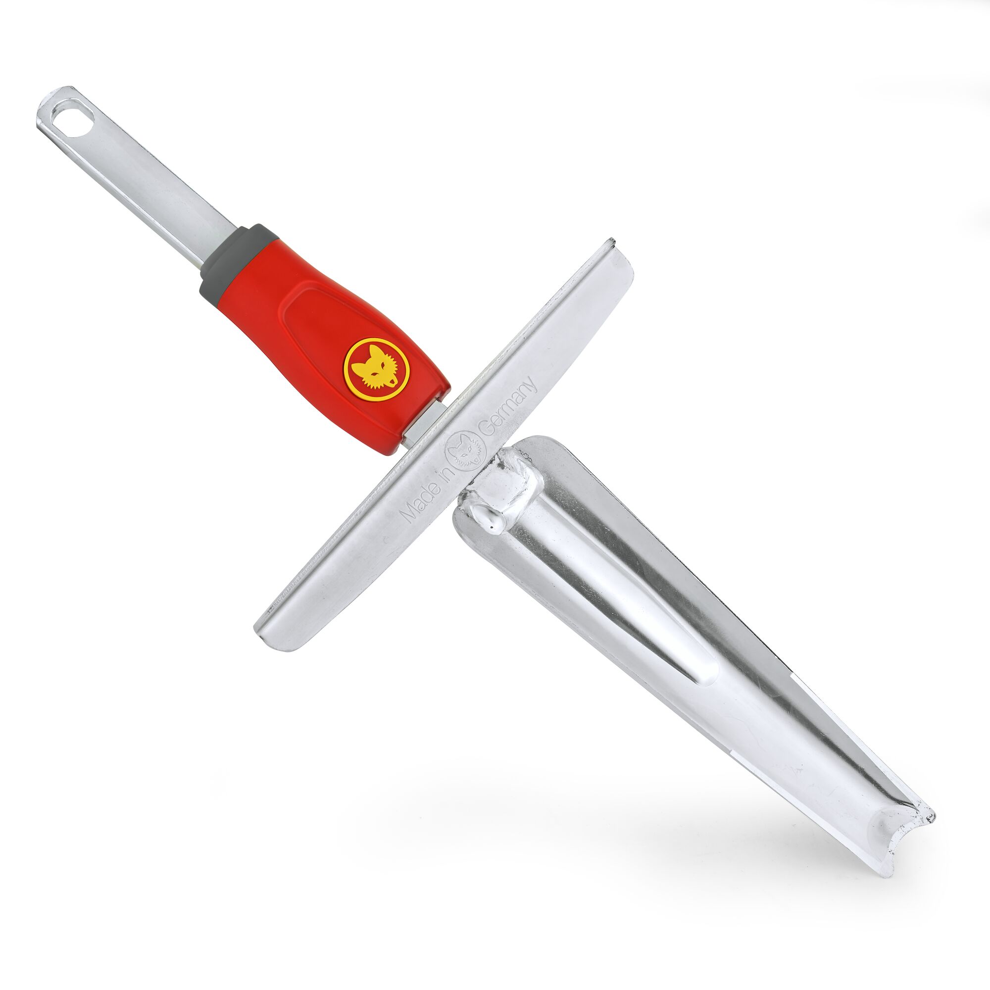 A metal gardening tool with a red and gray handle, featuring the WOLF-Garten logo. The tool has a flat horizontal bar and a vertical blade, designed for weeding or digging.