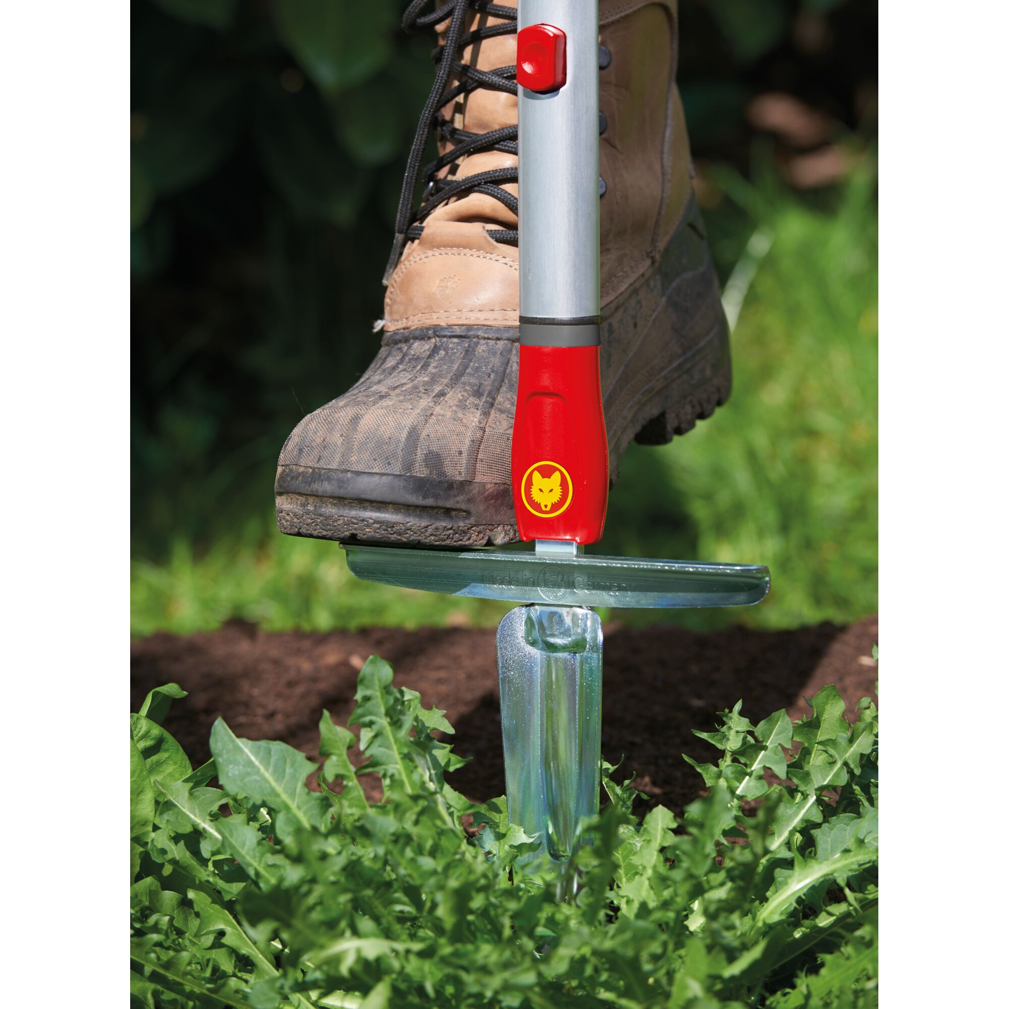 A close-up of a gardening tool from WOLFGarten being used to remove weeds from soil, with a person's boot pressing down on the tool for leverage.