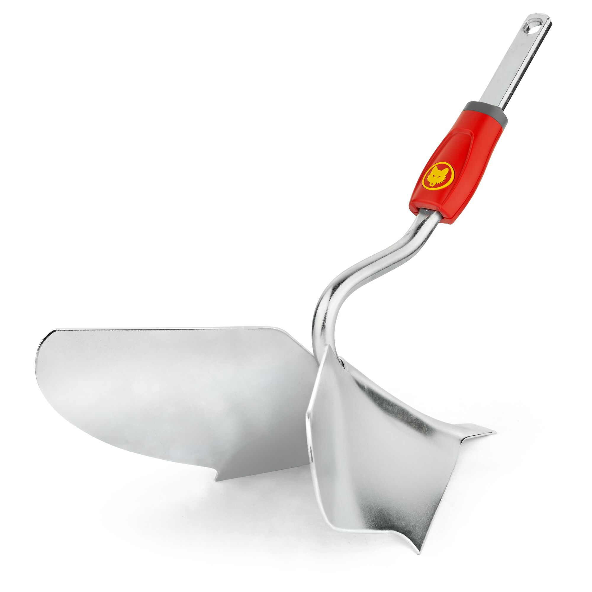 A metal garden tool with a curved handle and a wide, angled scoop, featuring a red and yellow grip with the WOLF-Garten logo.