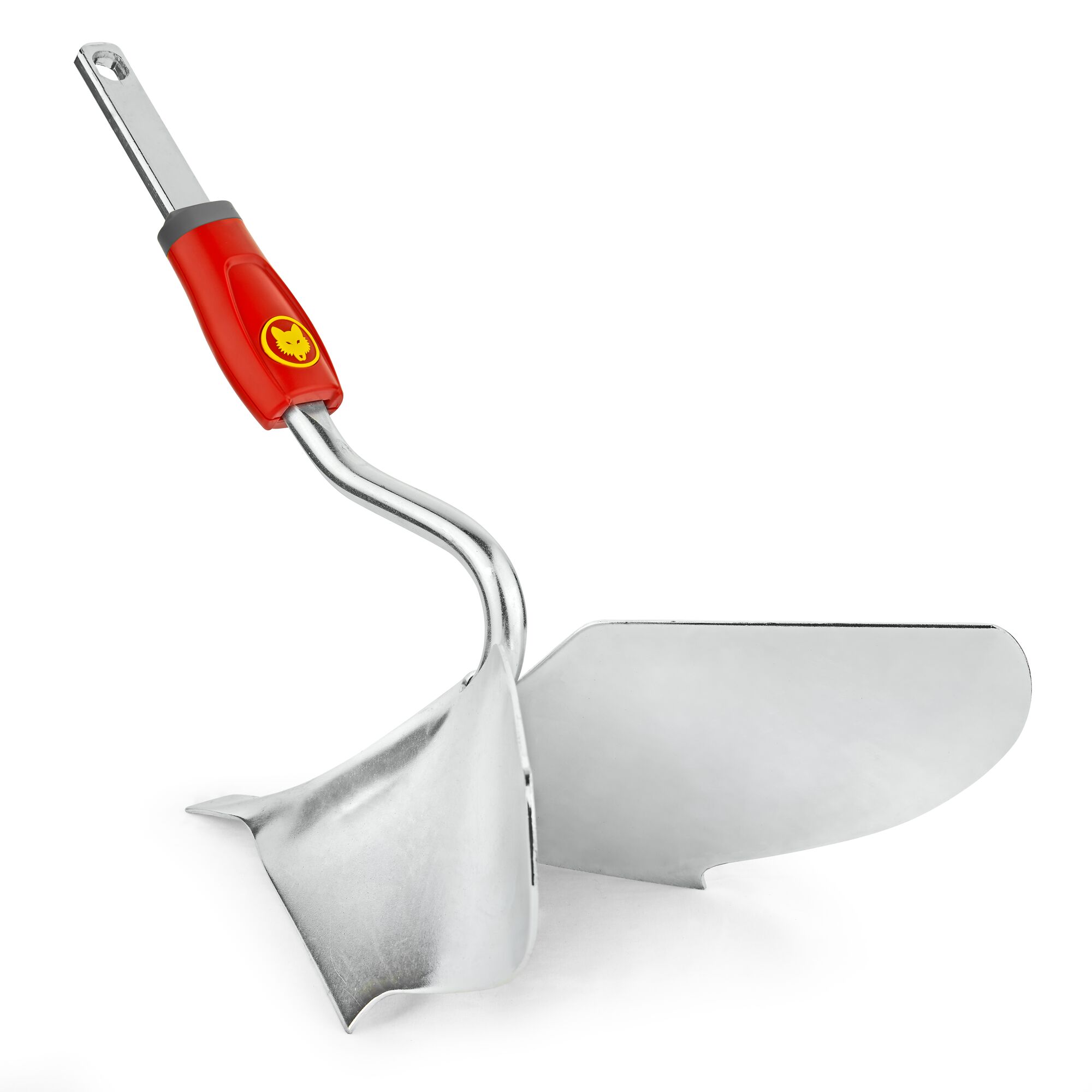 A gardening tool with a silver metal blade and a curved handle fitted with a red plastic grip, featuring the yellow WOLFGarten logo. The tool is designed for soil cultivation or weeding.
