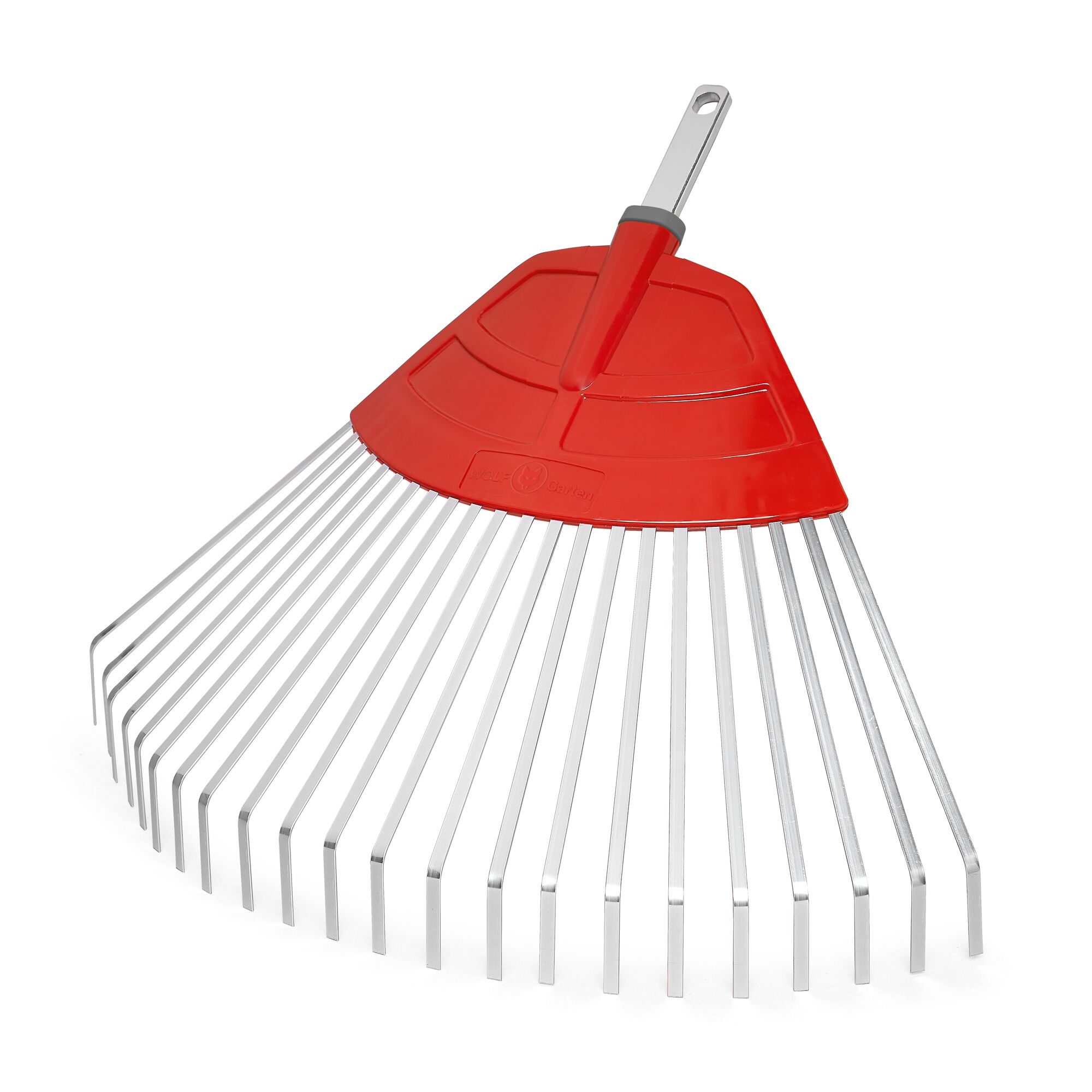 A metal leaf rake attachment with a red plastic head and multiple silver tines, designed for garden use.