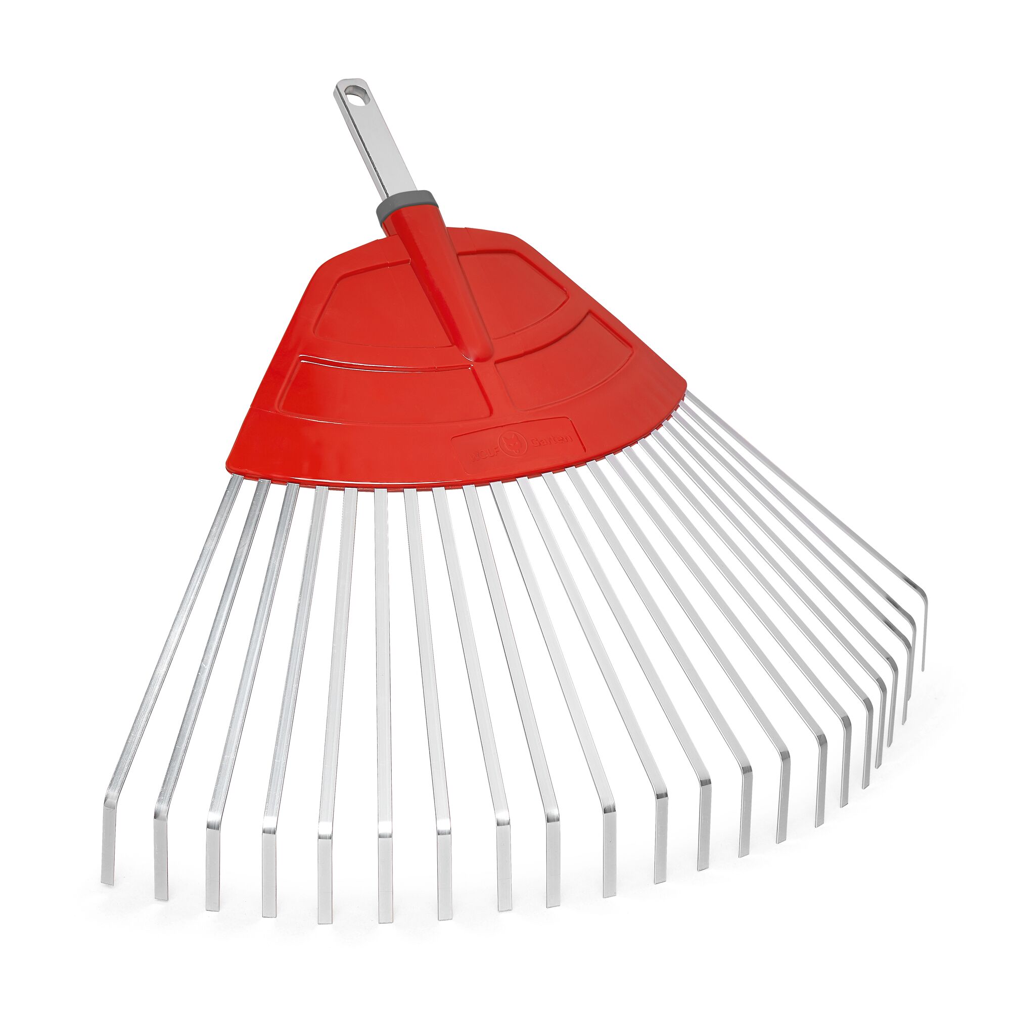A metal garden rake with a wide red plastic head and multiple silver tines, designed for outdoor use such as gathering leaves or debris.