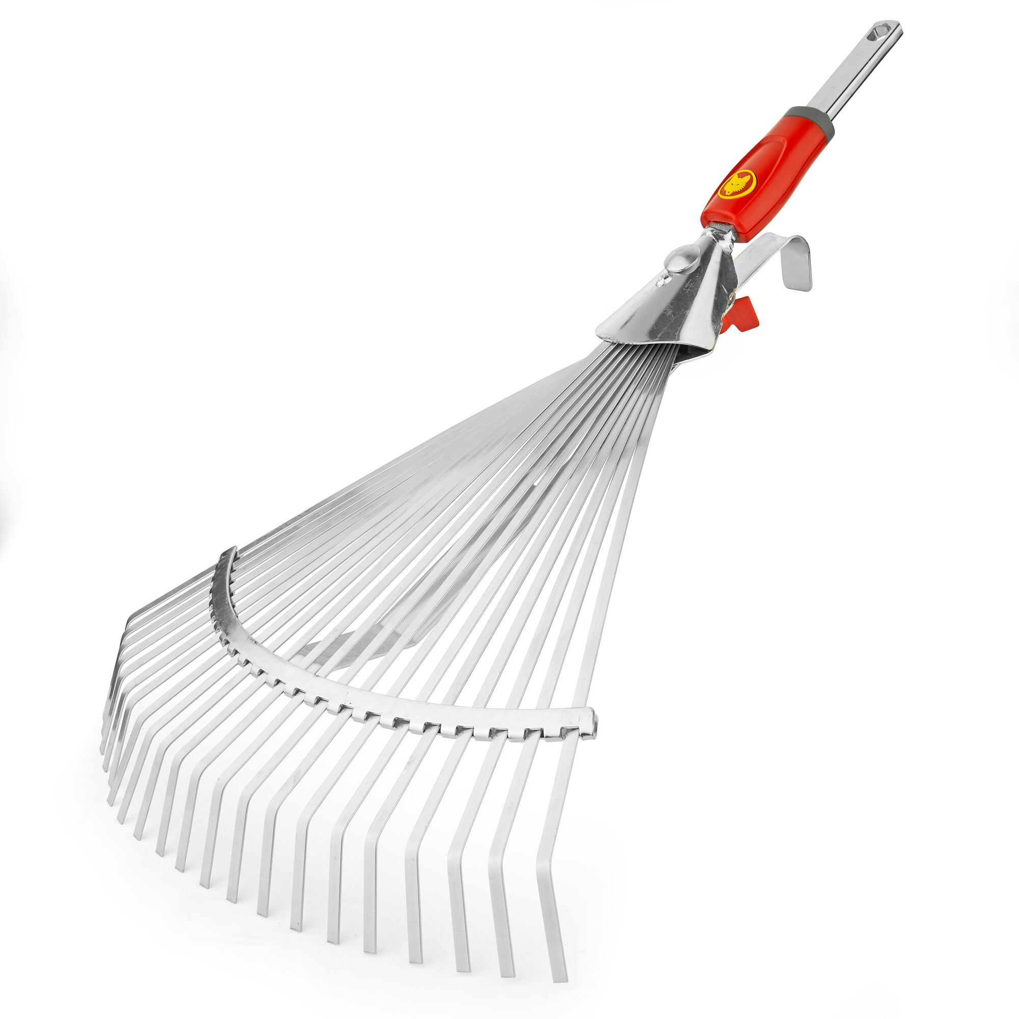 A gardening rake with metal tines and a red and grey handle, shown against a white background.
