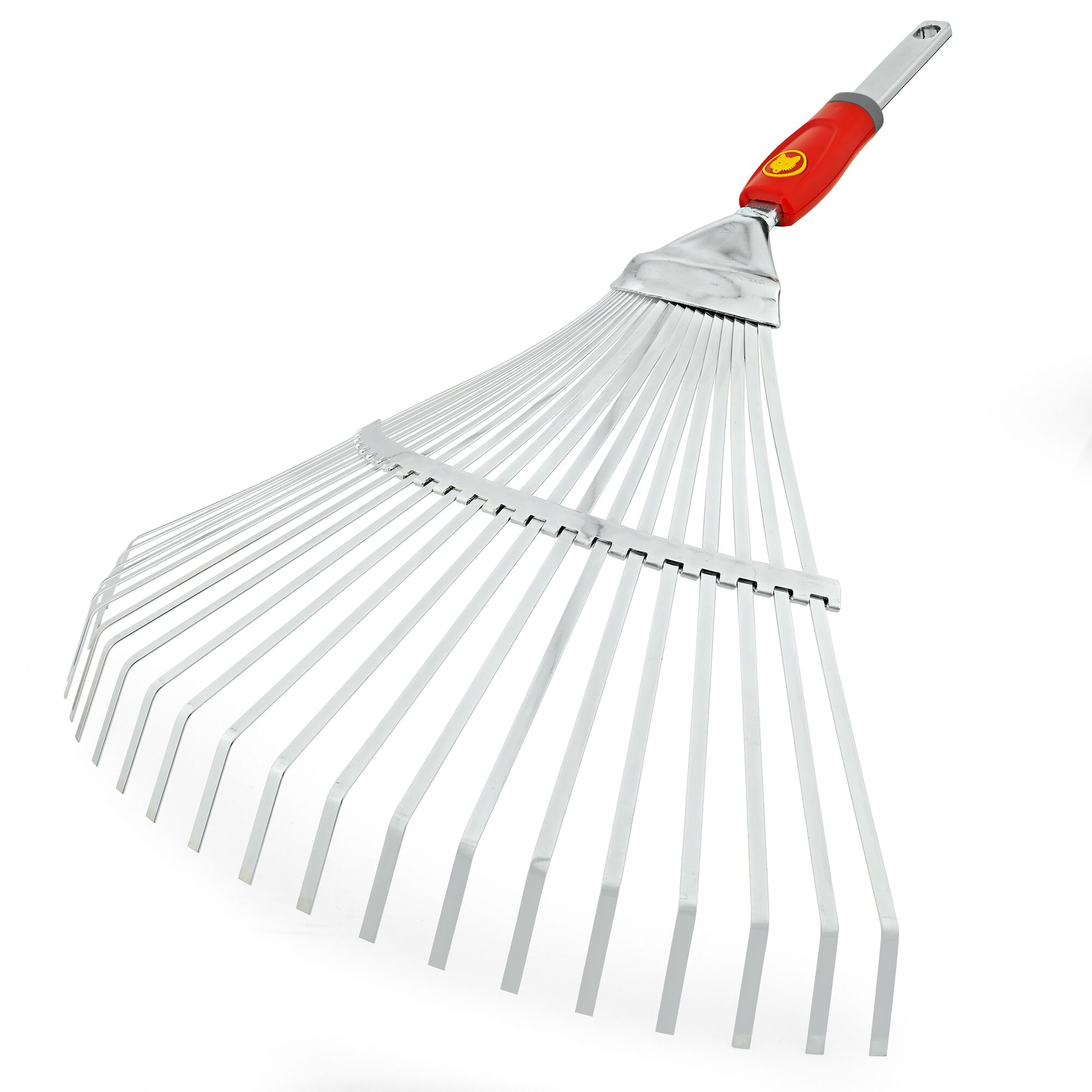 A metal leaf rake with a red and grey handle, featuring multiple flexible tines, designed for gathering leaves and garden debris.